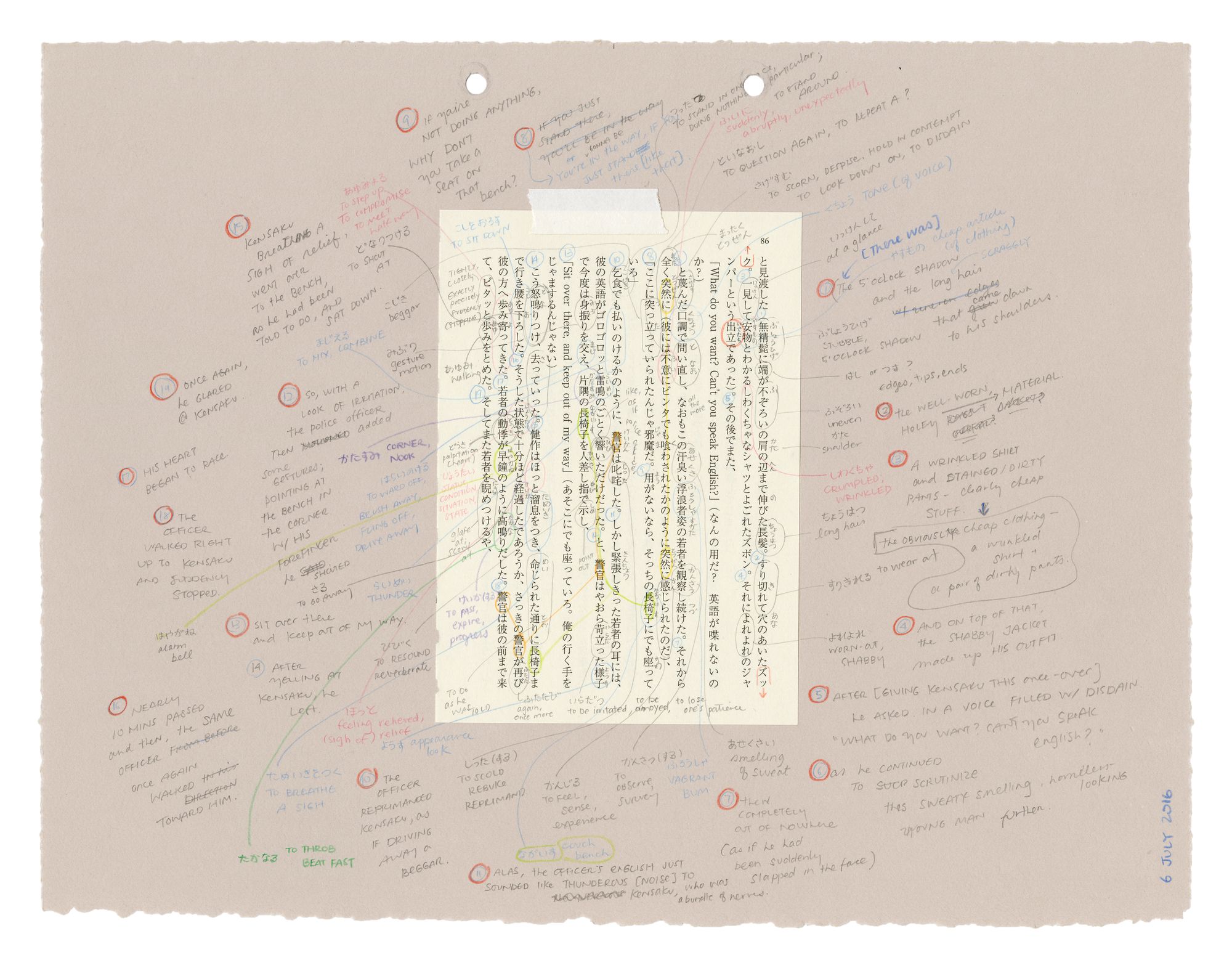 A peach page with a smaller white page in the center filled with Japanese text. On the peach page are pencil-written annotations of the text that transcribe and translate words and phrases into English