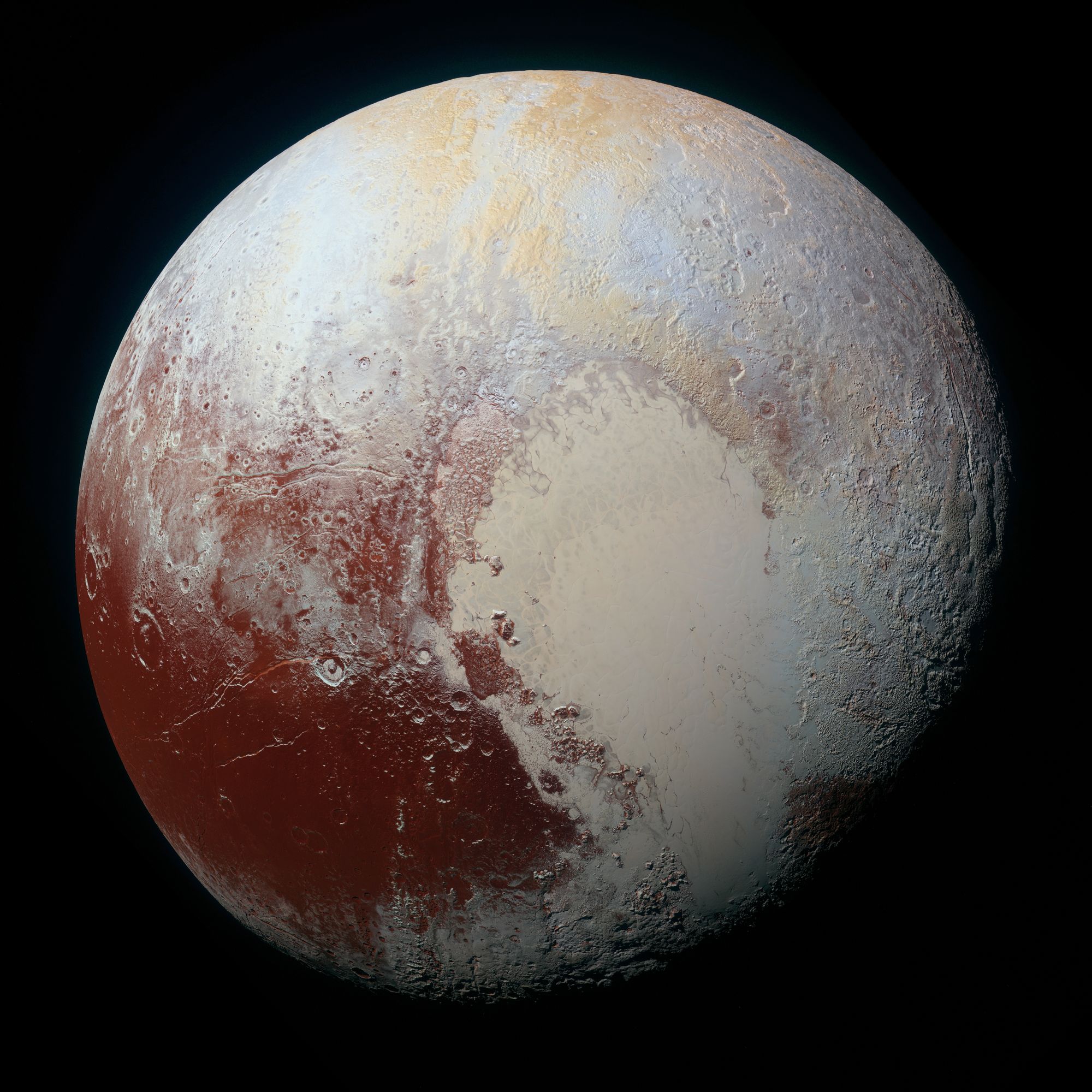 An enhanced photograph of Pluto, pictured with sparse reddish and beige tones against the backdrop of black space.