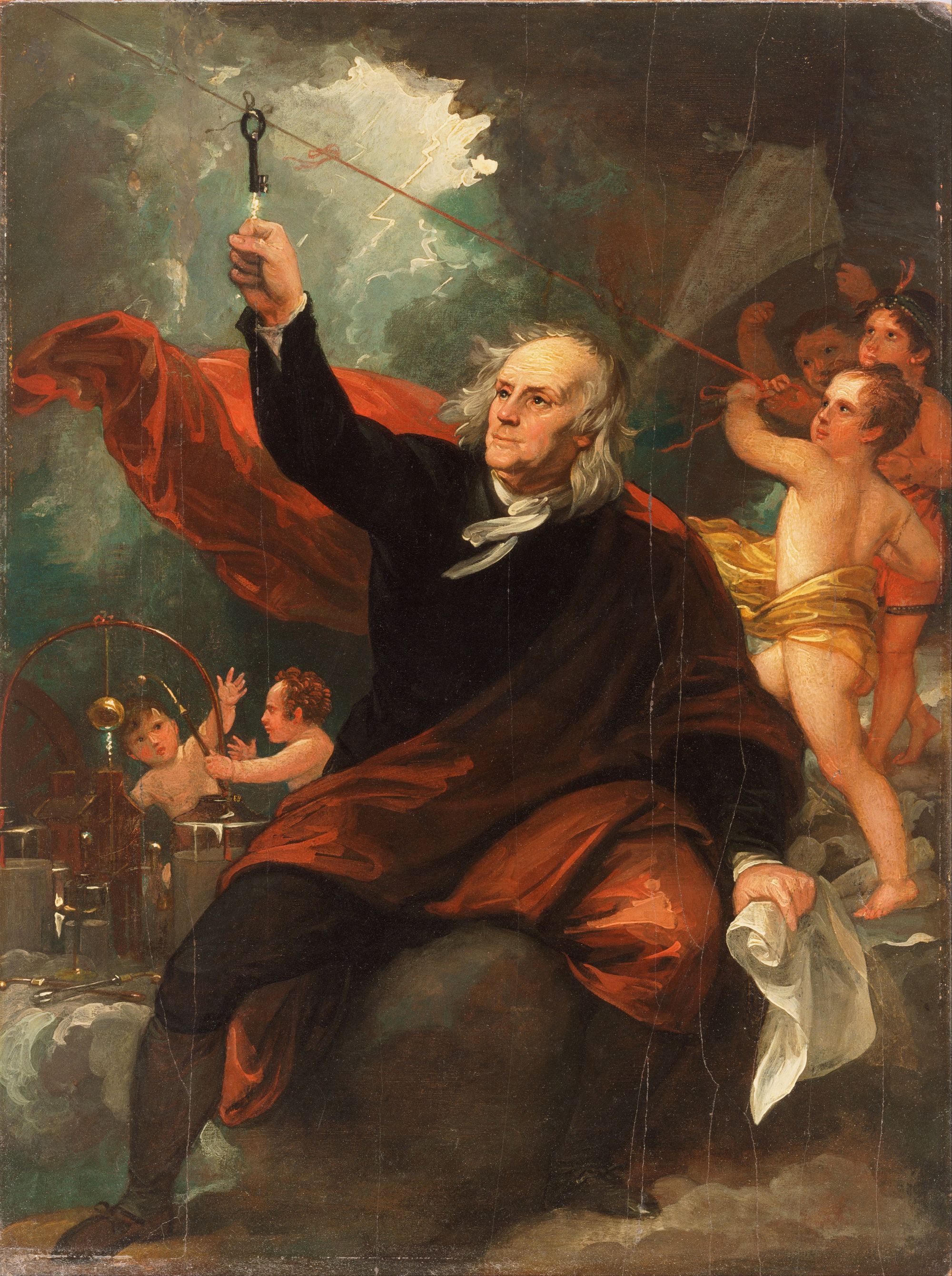 a painting of benjamin franklin flying a kite