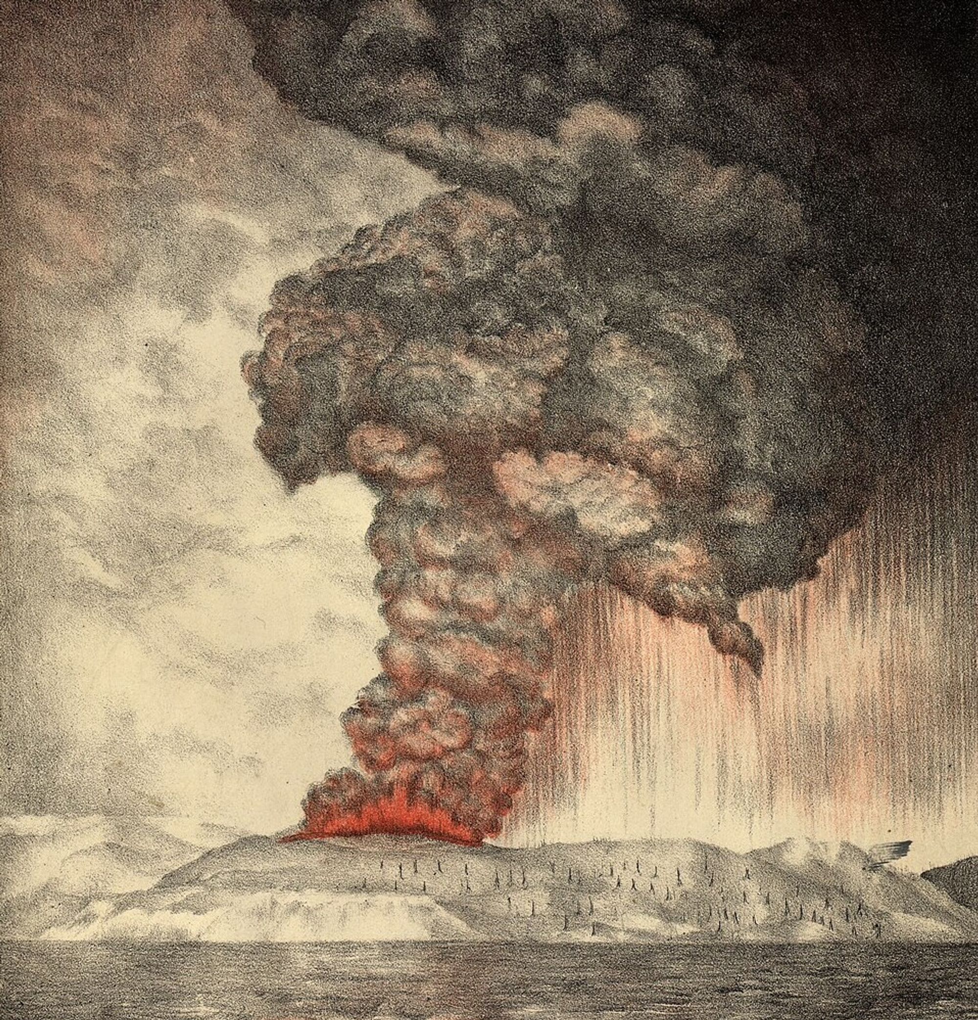 Litograph of large upward explosion of dark, mounting clouds. The top of the volcano is painted orange.
