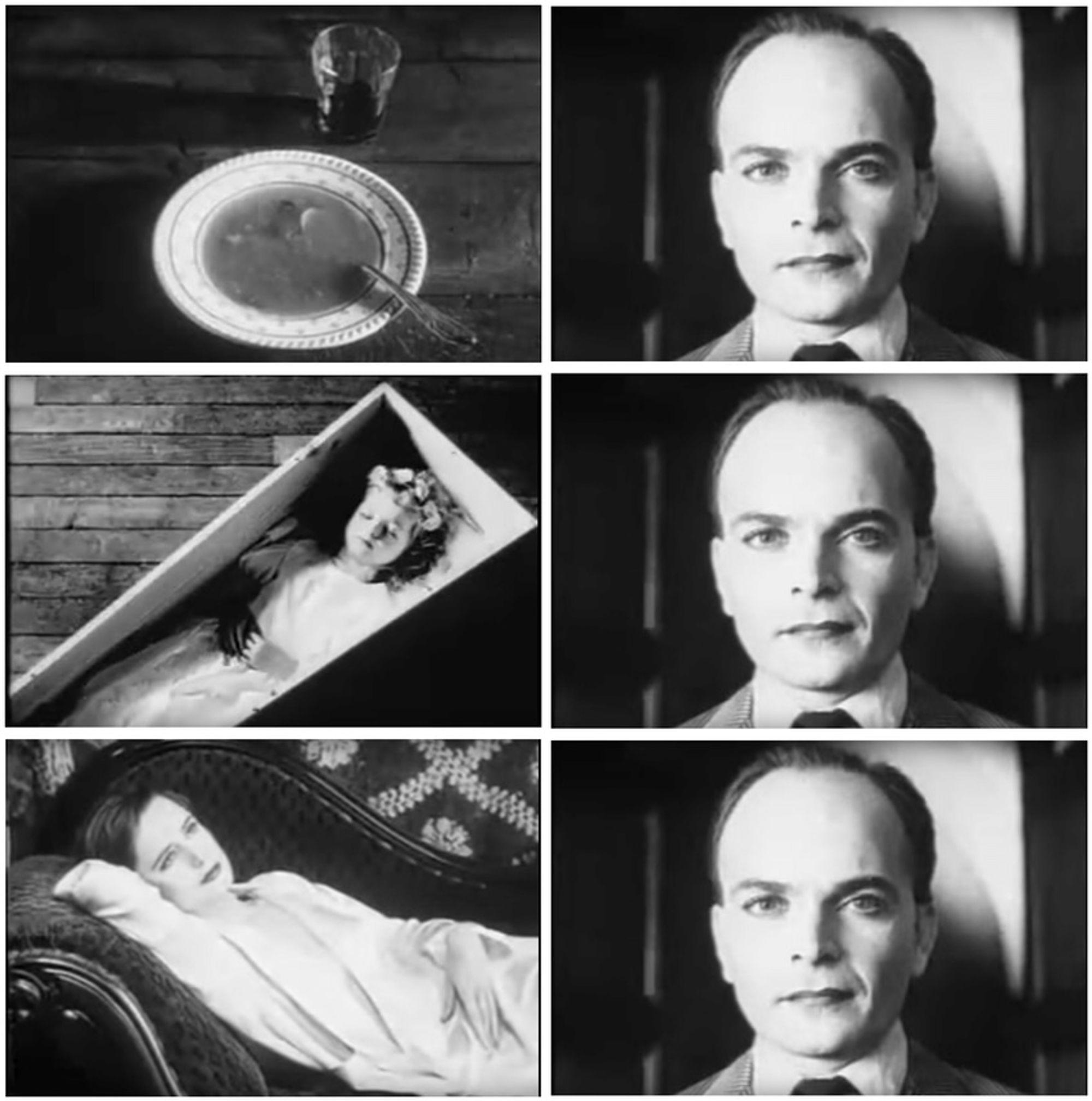 A neutral close-up of a man shown beside three different images—a bowl of soup, a reclining woman, and a coffin—illustrating the Kuleshov effect.