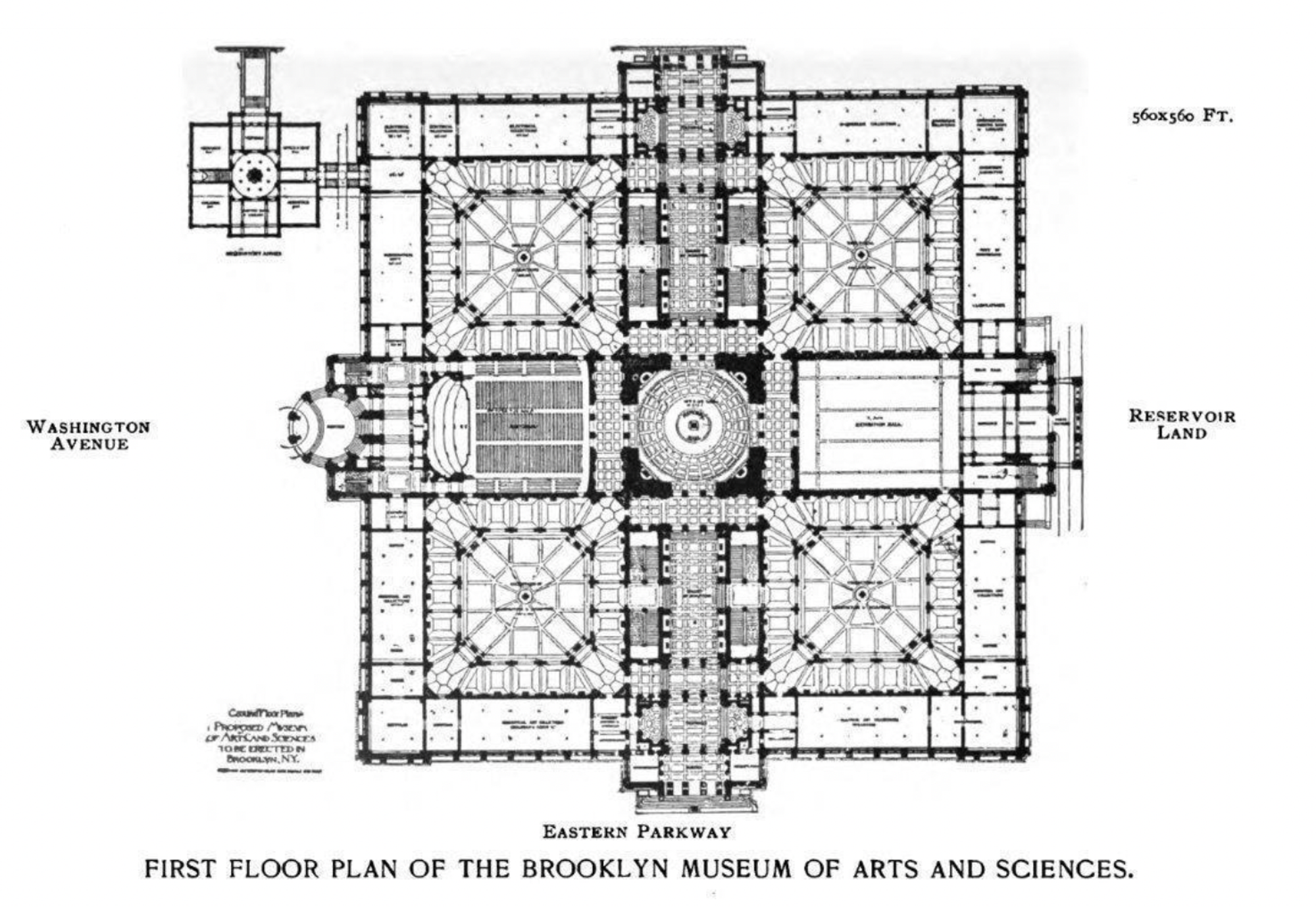 The Brooklyn Museum's floor plan, which originally included an observatory in the top left corner.