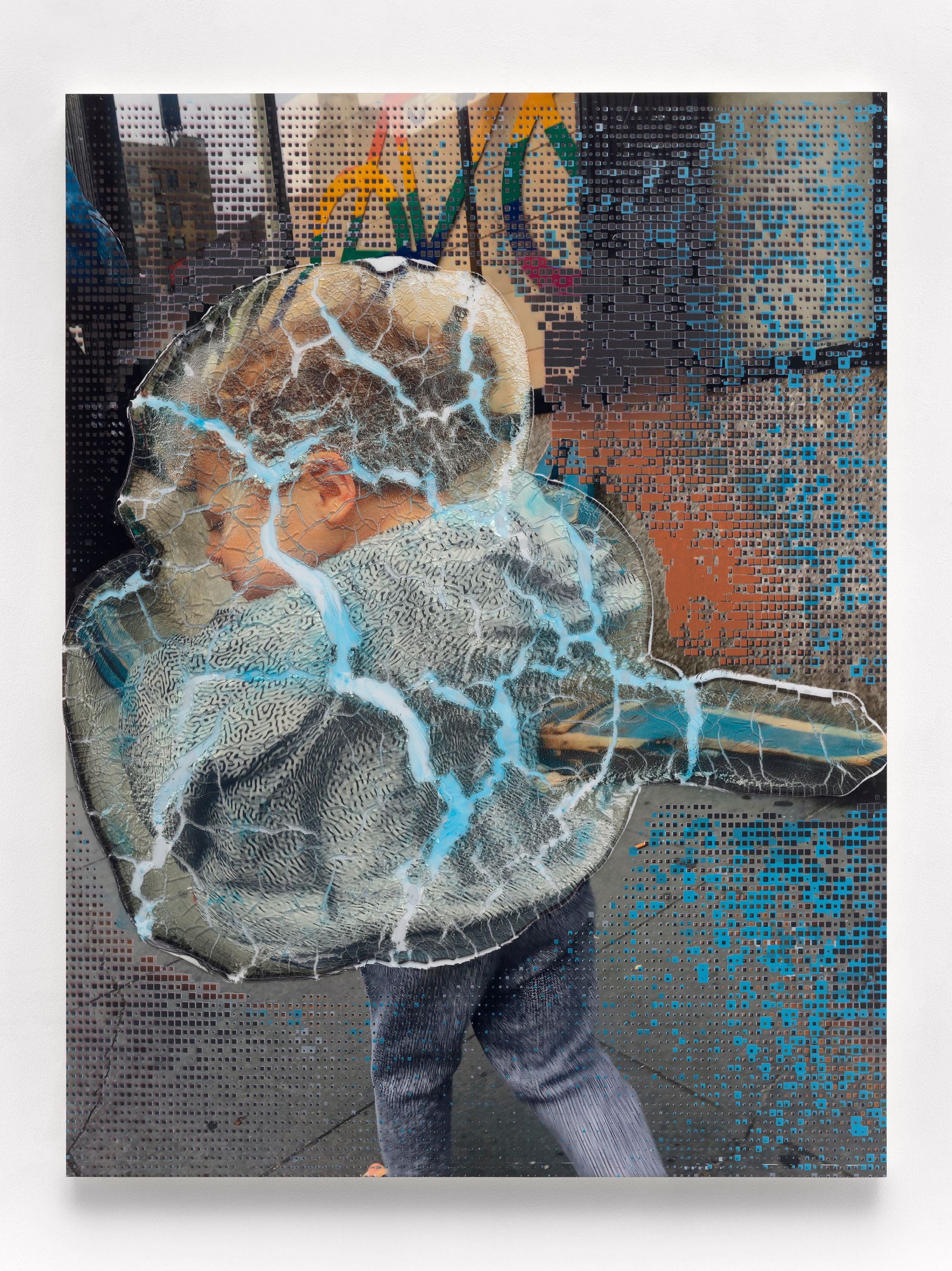 Seth Price, Social Space: Rainbow Signal, Cracked Police Barrier, Boy with Virus Pattern, 2019 Acrylic polymer, acrylic paint, inkjet on plastic, UV-cured inkjet, wood, metal, 55.25 x 42 inches. Courtesy of the artist and Petzel, New York.