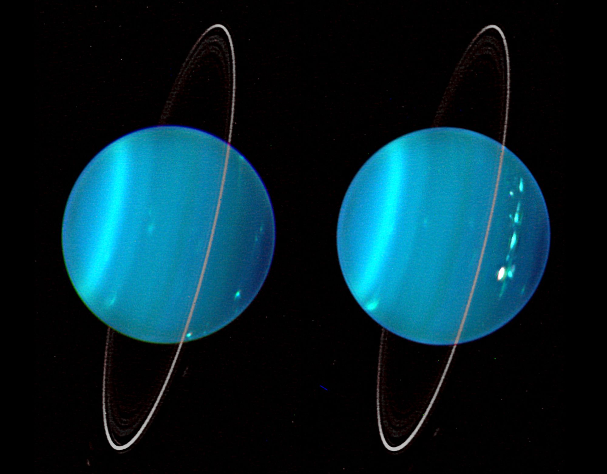 An image of Uranus's two hemispheres laid out side-by-side and brilliantly blue from infrared technology. 