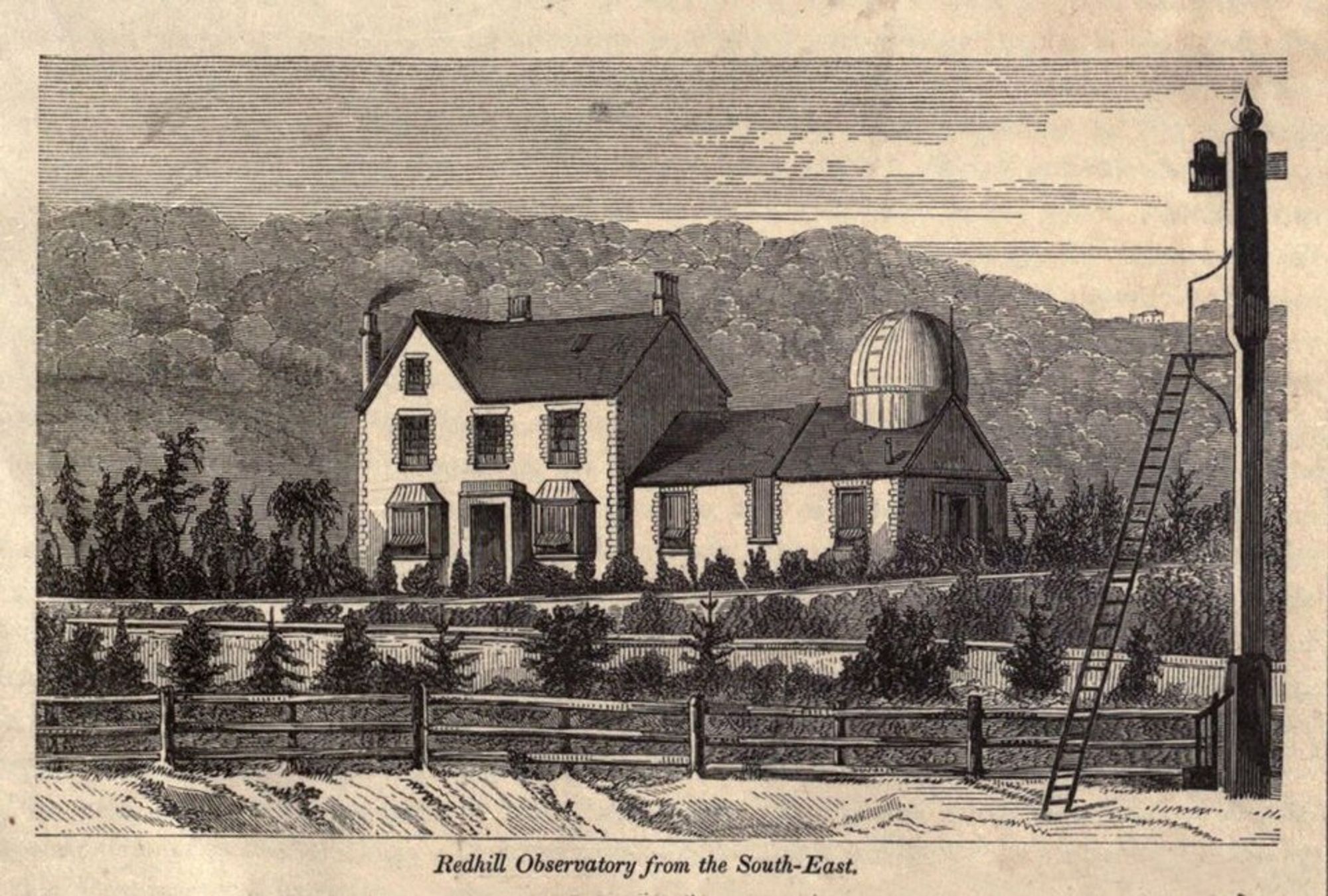 Pen sketch of a house on a hill with a rounded observatory on the roof.