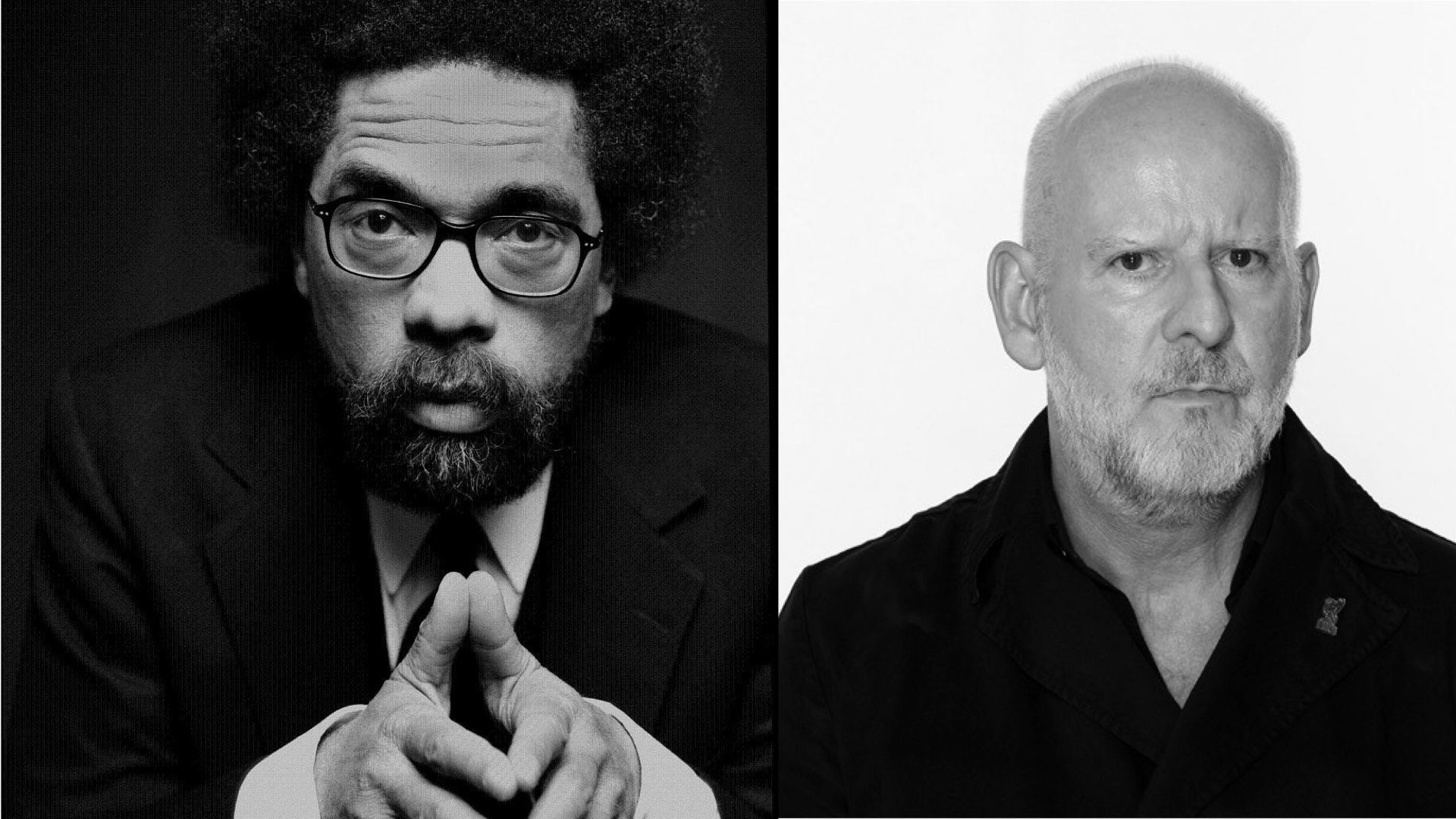 split photo of Simon Critchley and Cornel West