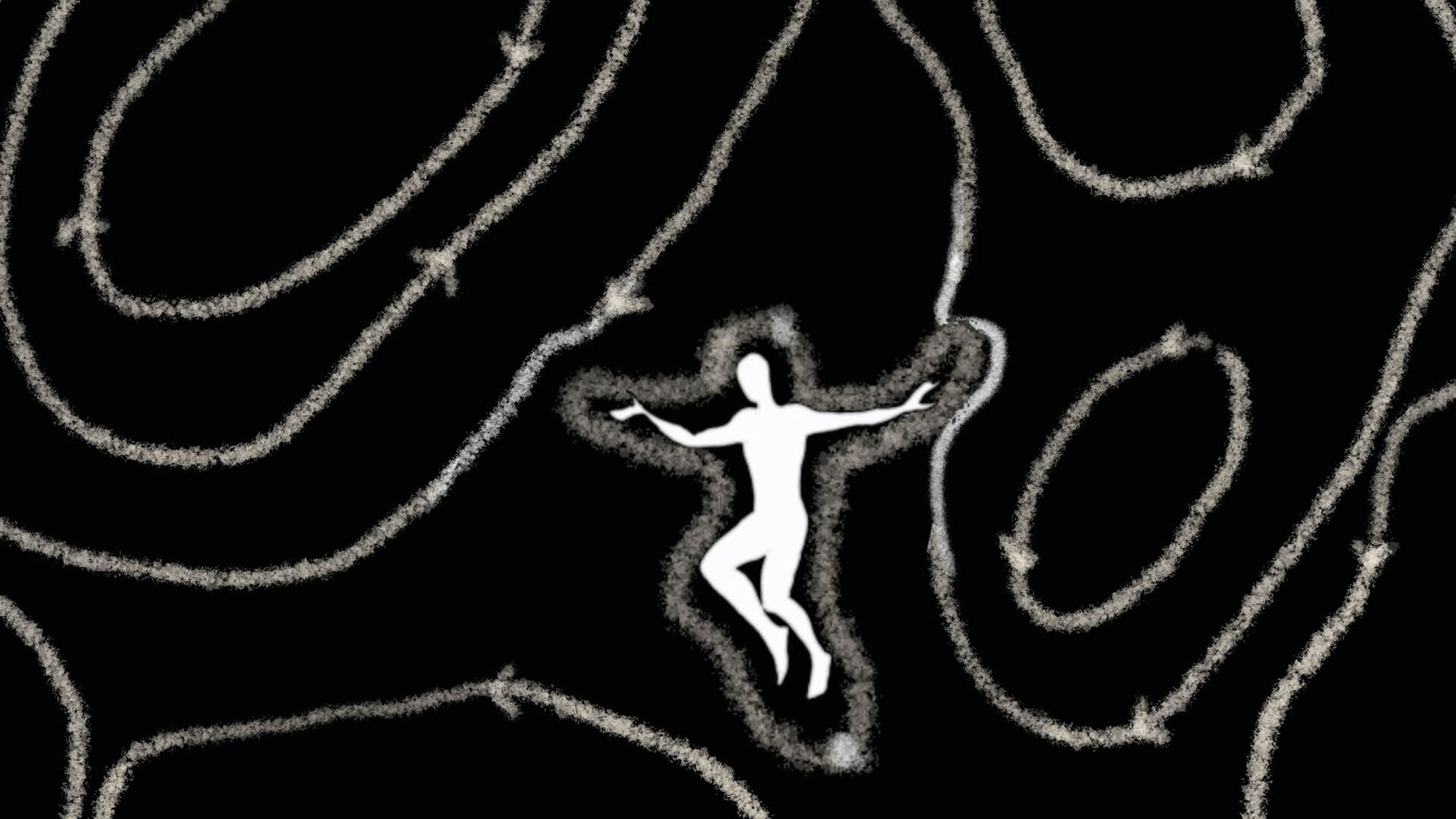 Hand-drawn depiction of a human in a gravitational field. 