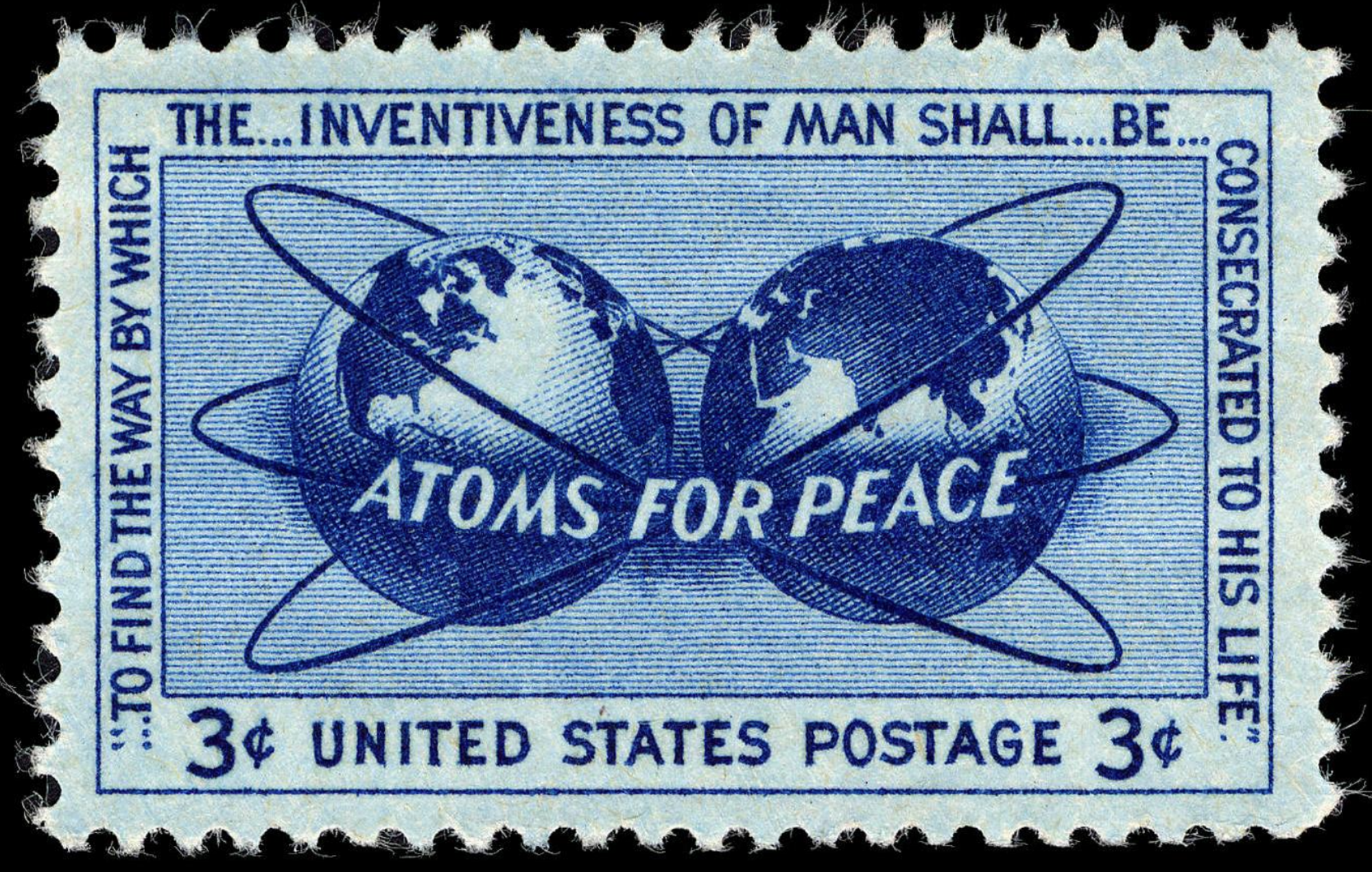 The stamp features atomic energy encircling two globes, as well as a quote from the “Atoms for Peace” speech.