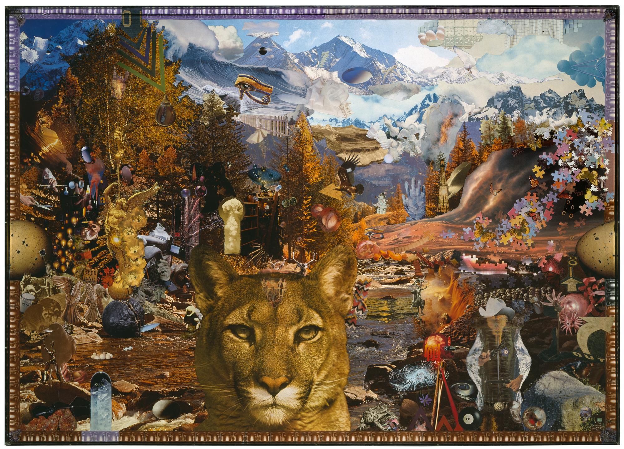 Snowy mountains and ocean waves converge in the blue background of this saturated collage, with the foreground full of golden hues centering a mountain lion who makes direct eye contact with the viewer.