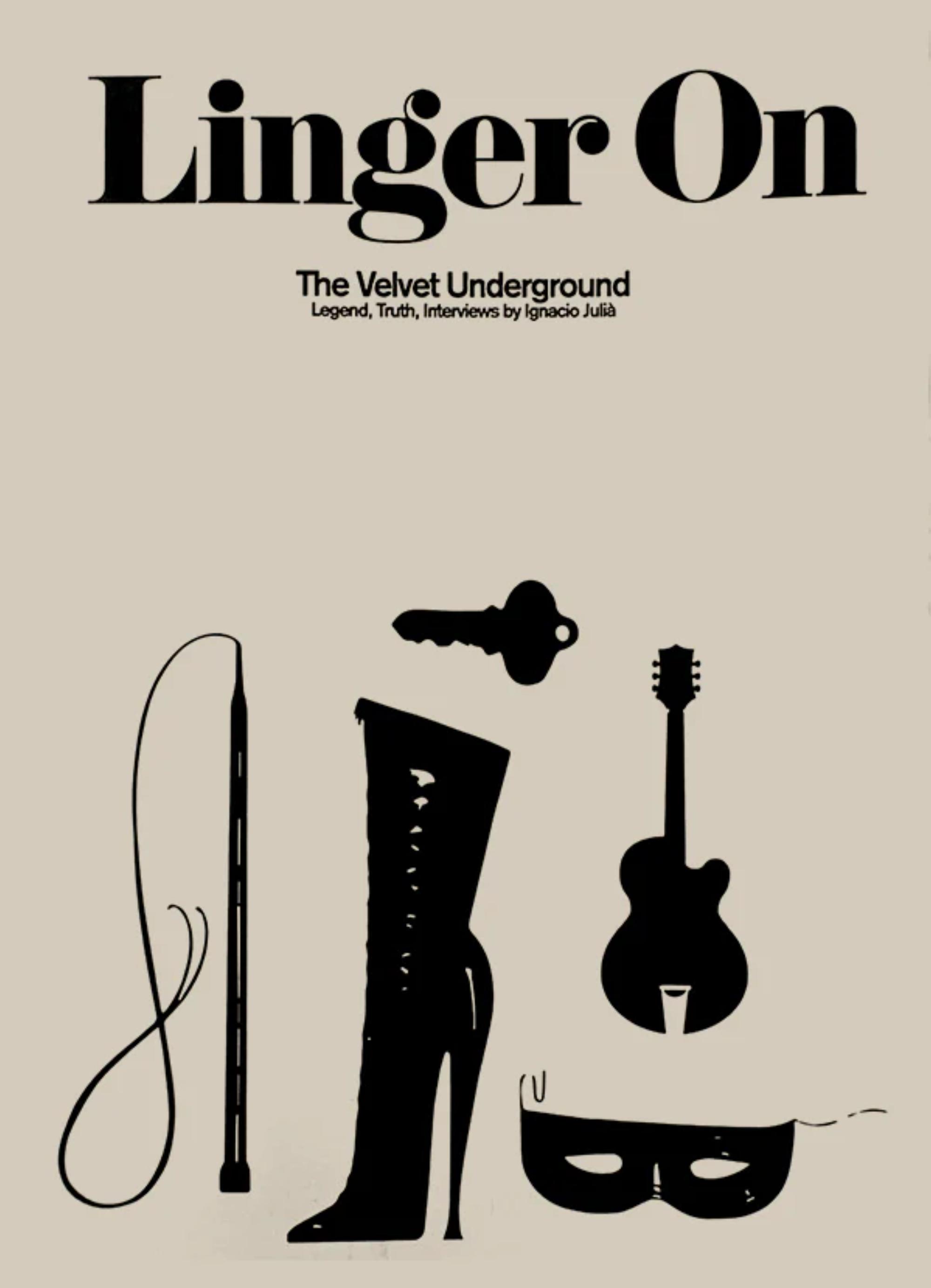 Beige book cover with black icons of a heeled boot, a mask, a guitar, a key, and a whip