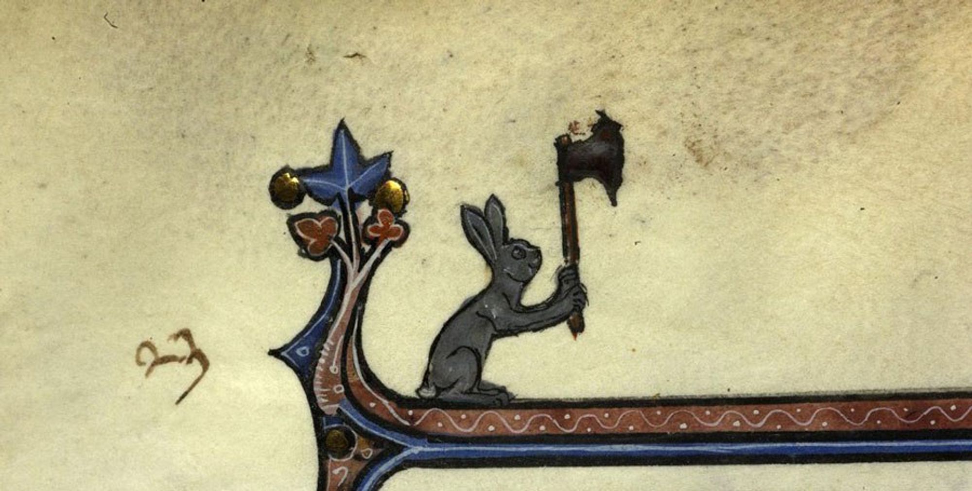 Portrait of a rabbit with an axe.