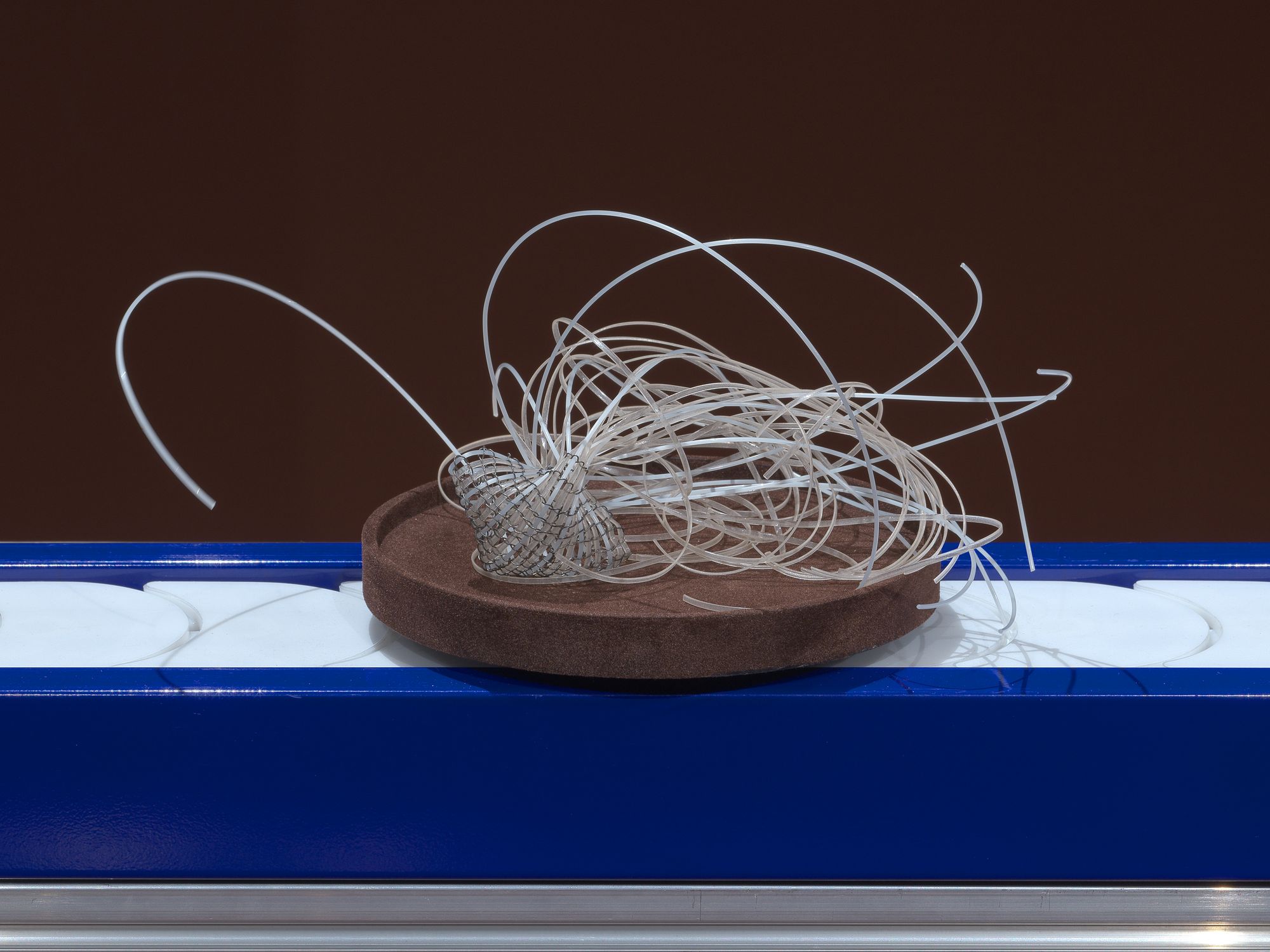 A plastic lanyard stitched together rests on a brown plate that moves along a blue conveyor belt.