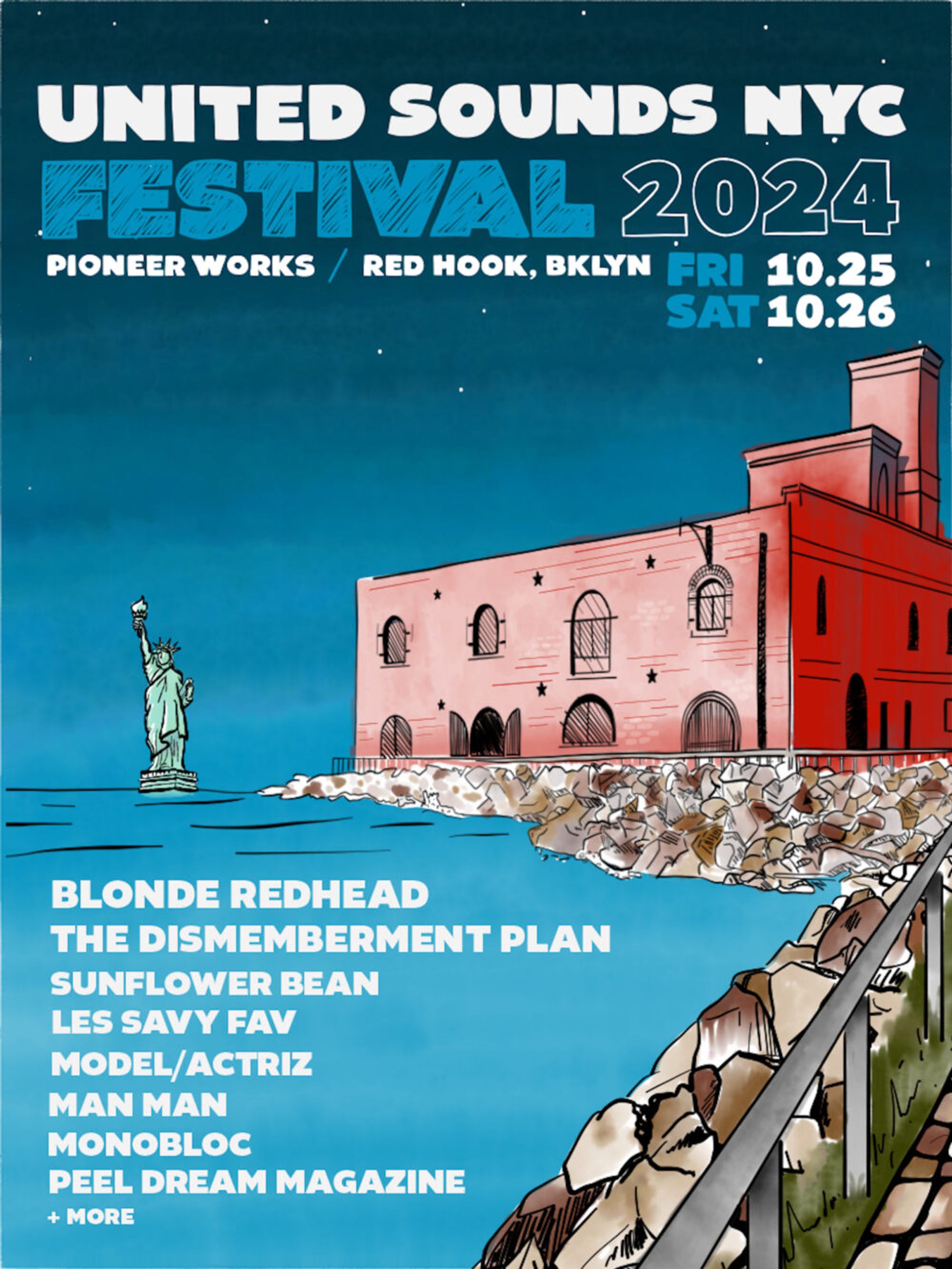 concert poster with a picture of pioneer works and the statue of liberty in the background