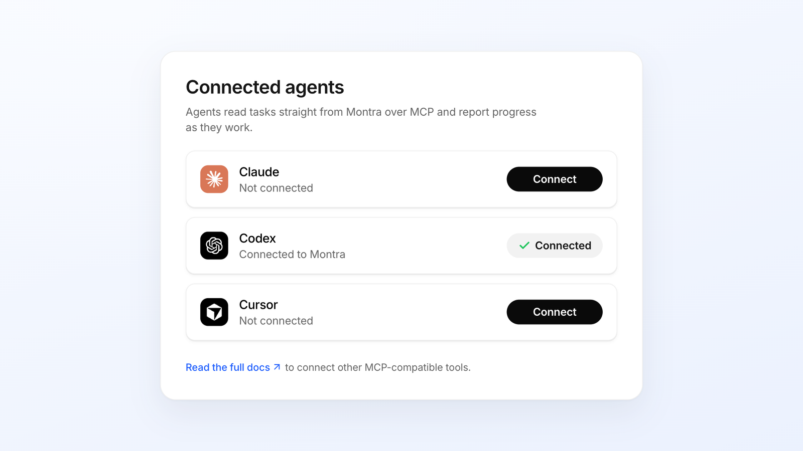 a popup showing how to connect to your agent of choice in one click