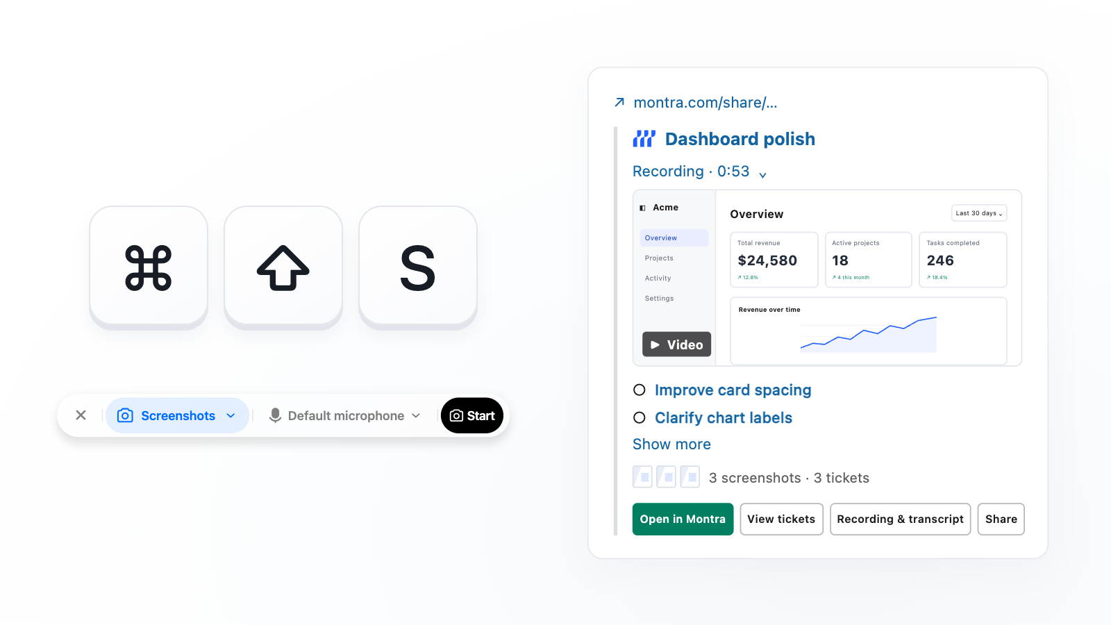 A photo showing Montra's new command shift s screenshot shortcut plus a montra document embedded in Slack.