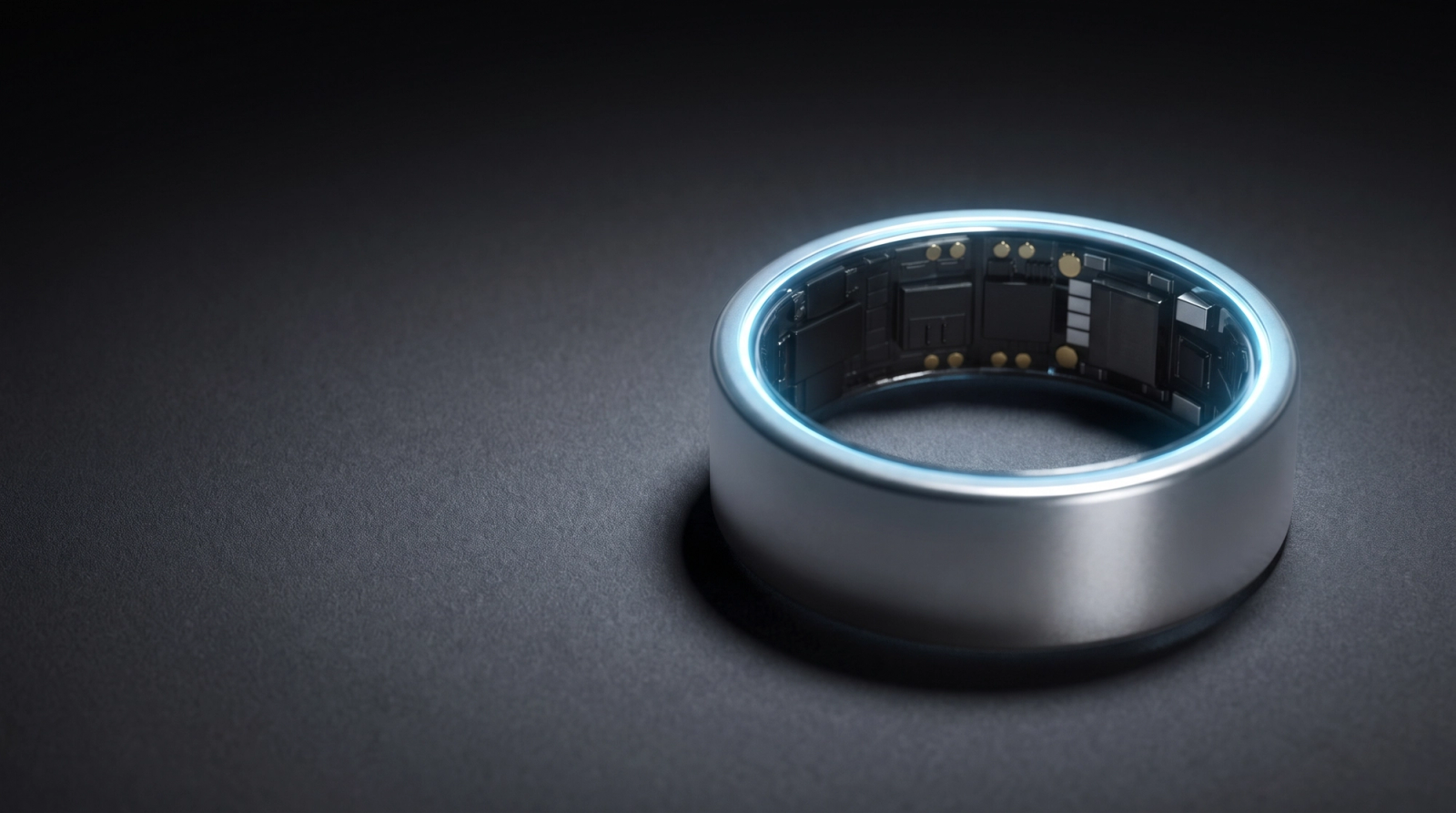 Silver Peak Ring on a dark graphite surface, lit by a cool rim light