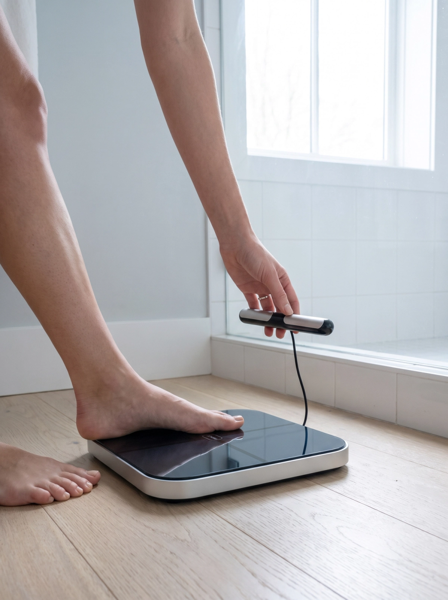 Bare feet stepping onto the connected scale in a bright bathroom, one hand reaching for the handle
