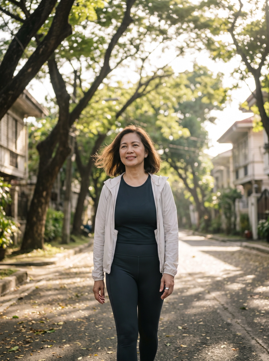 A woman on a relaxed morning walk along a tree-lined Manila street