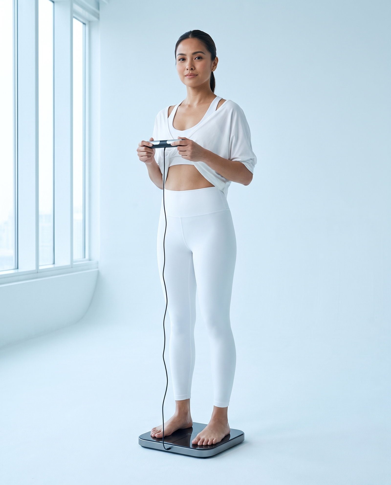 A woman standing on the Peak Scale holding its handle in a bright studio