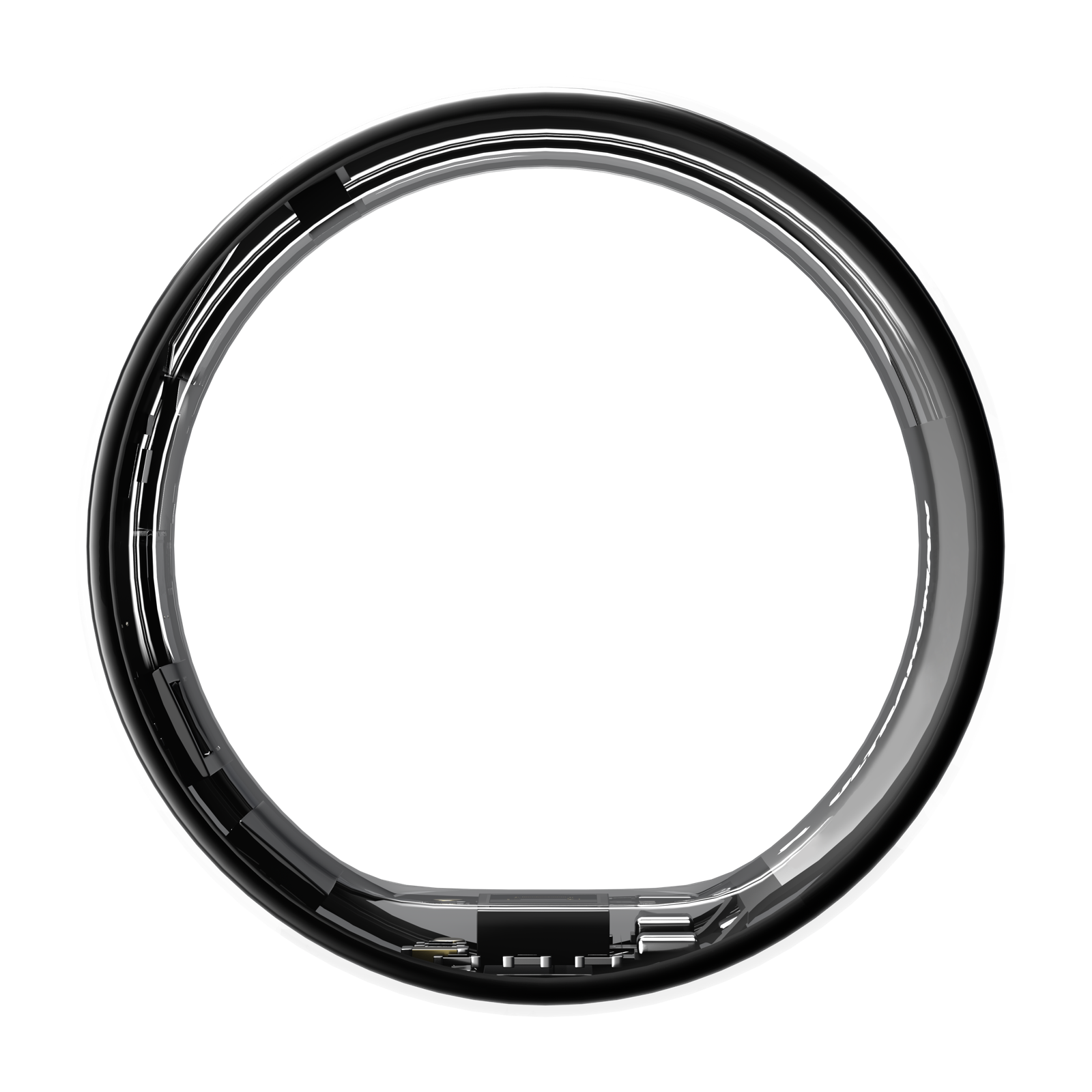 Close-up of the inner sensors of a silver smart ring