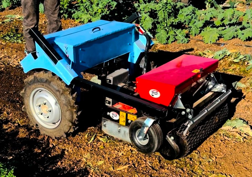 Renewables e2T electric tractor attached to a tiller