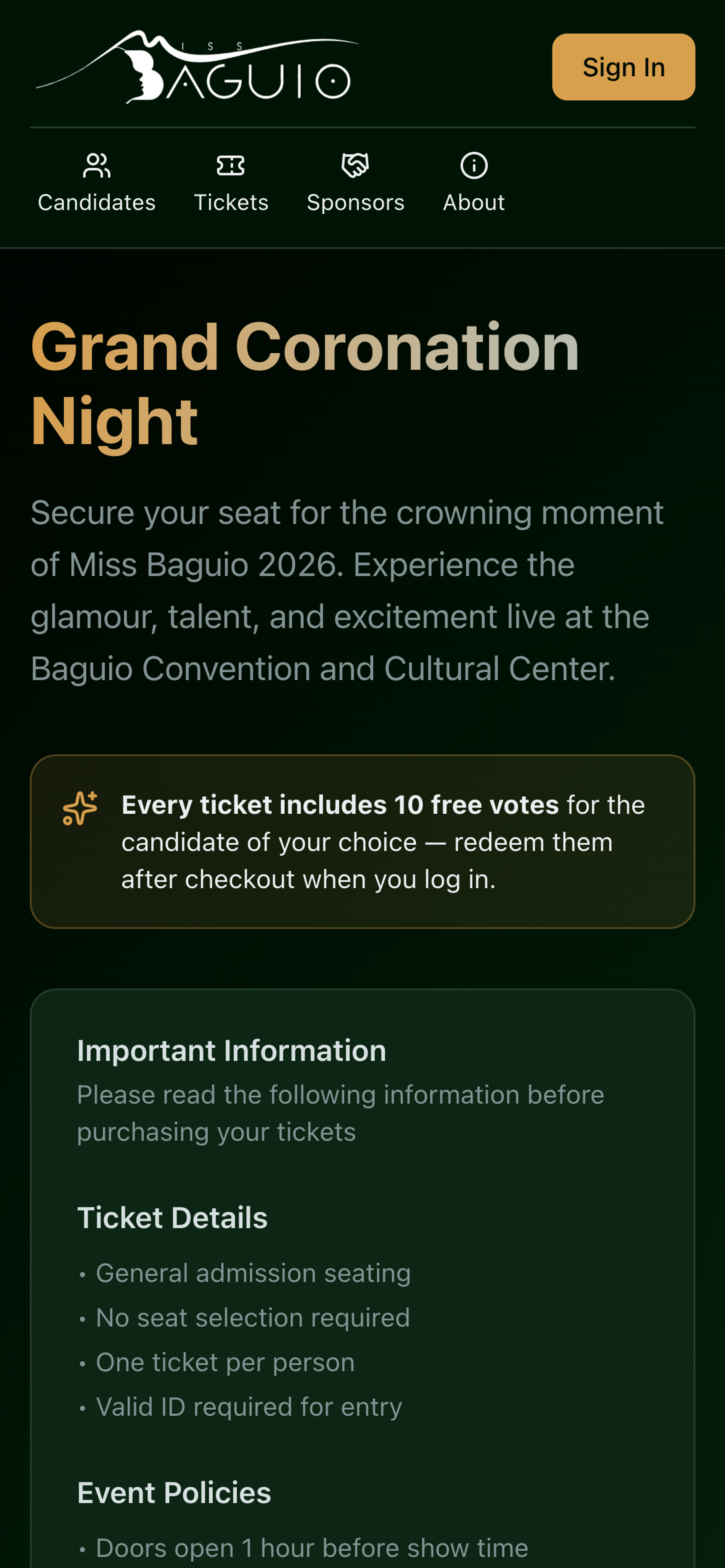 Miss Baguio mobile tickets page