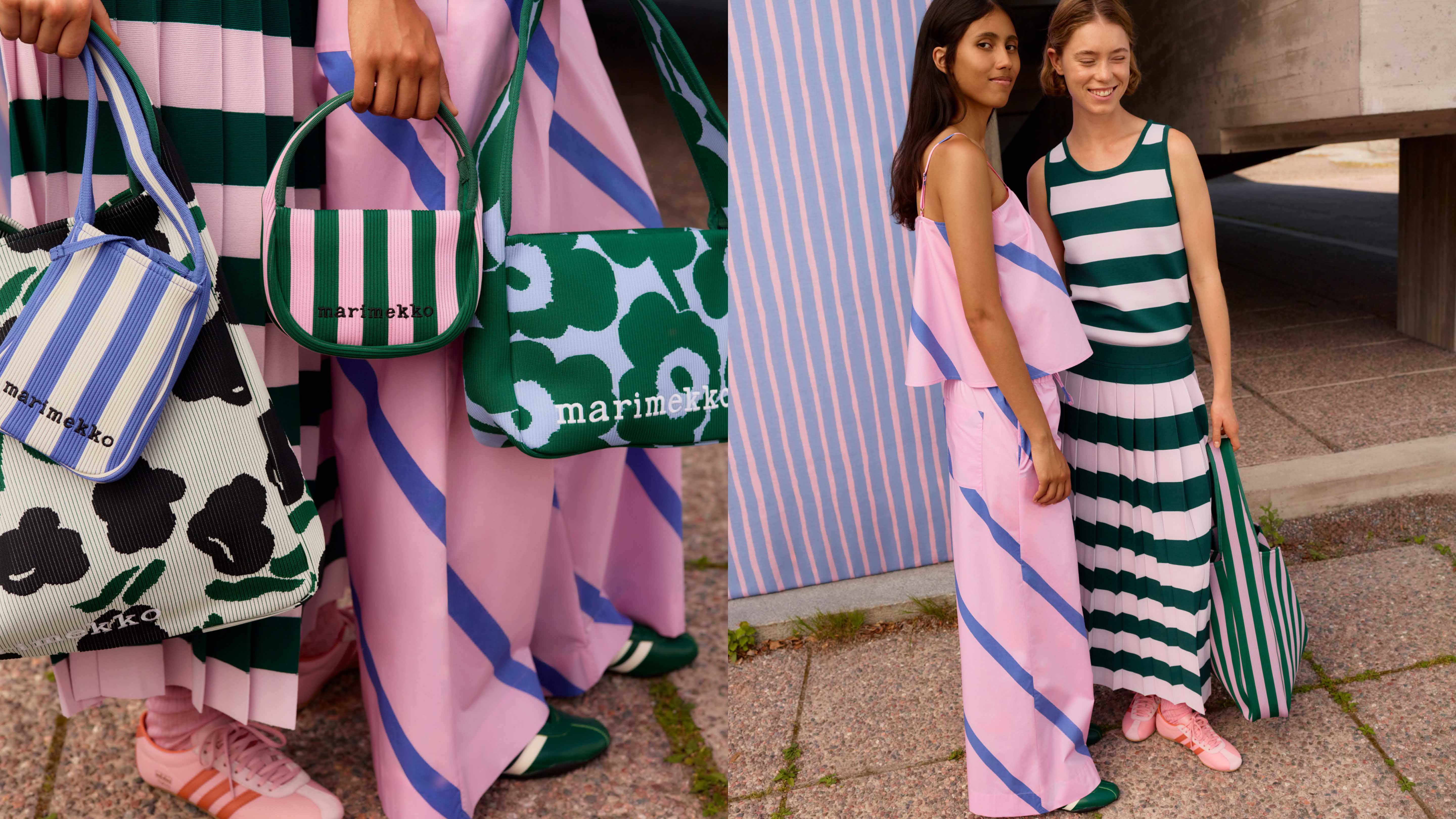 Two photos: One with models posing with knitted bags in various colours with Merirosvo, Unikko and Lemmitty prints and another photo with models wearing tops and dresses in Basso and Raita prints.
