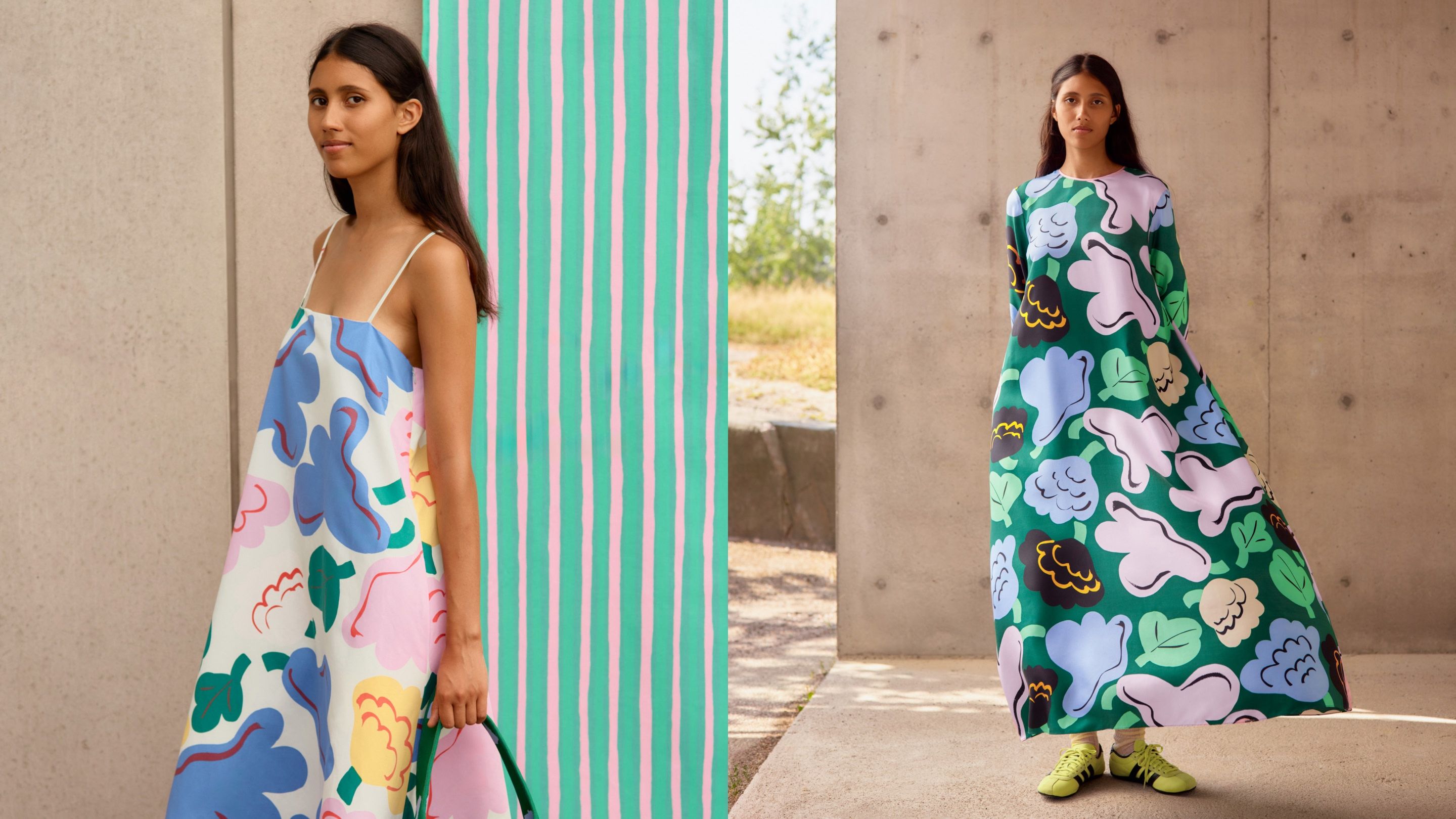 Models wearing dresses with Kukasta kukkaan pattern.