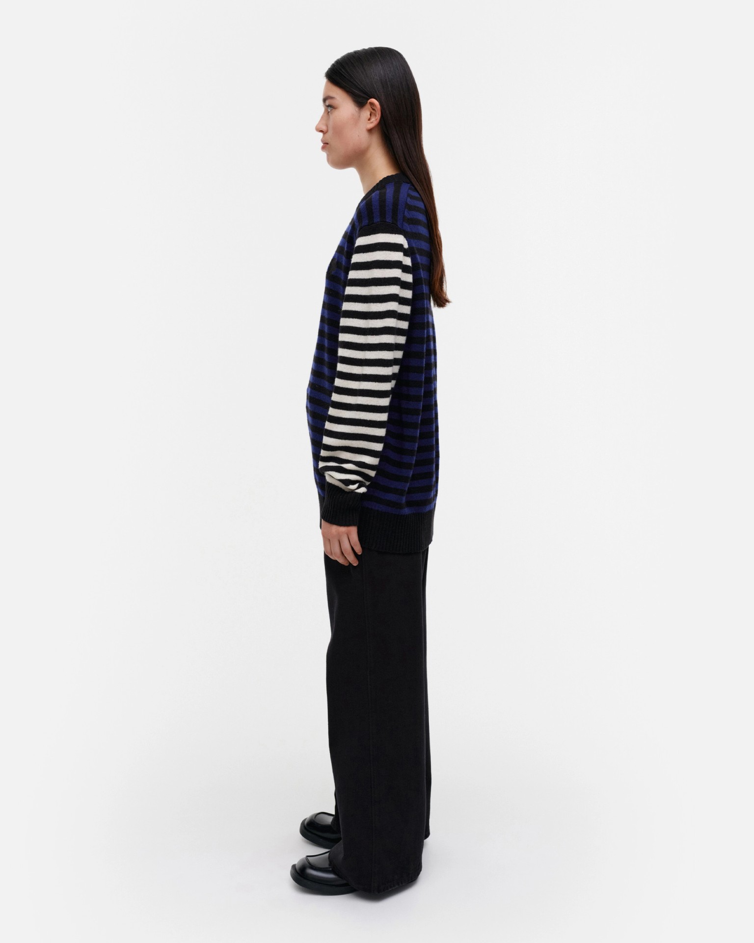 Pehmyt Tasaraita, Kioski wool jumper, black, blue, white,