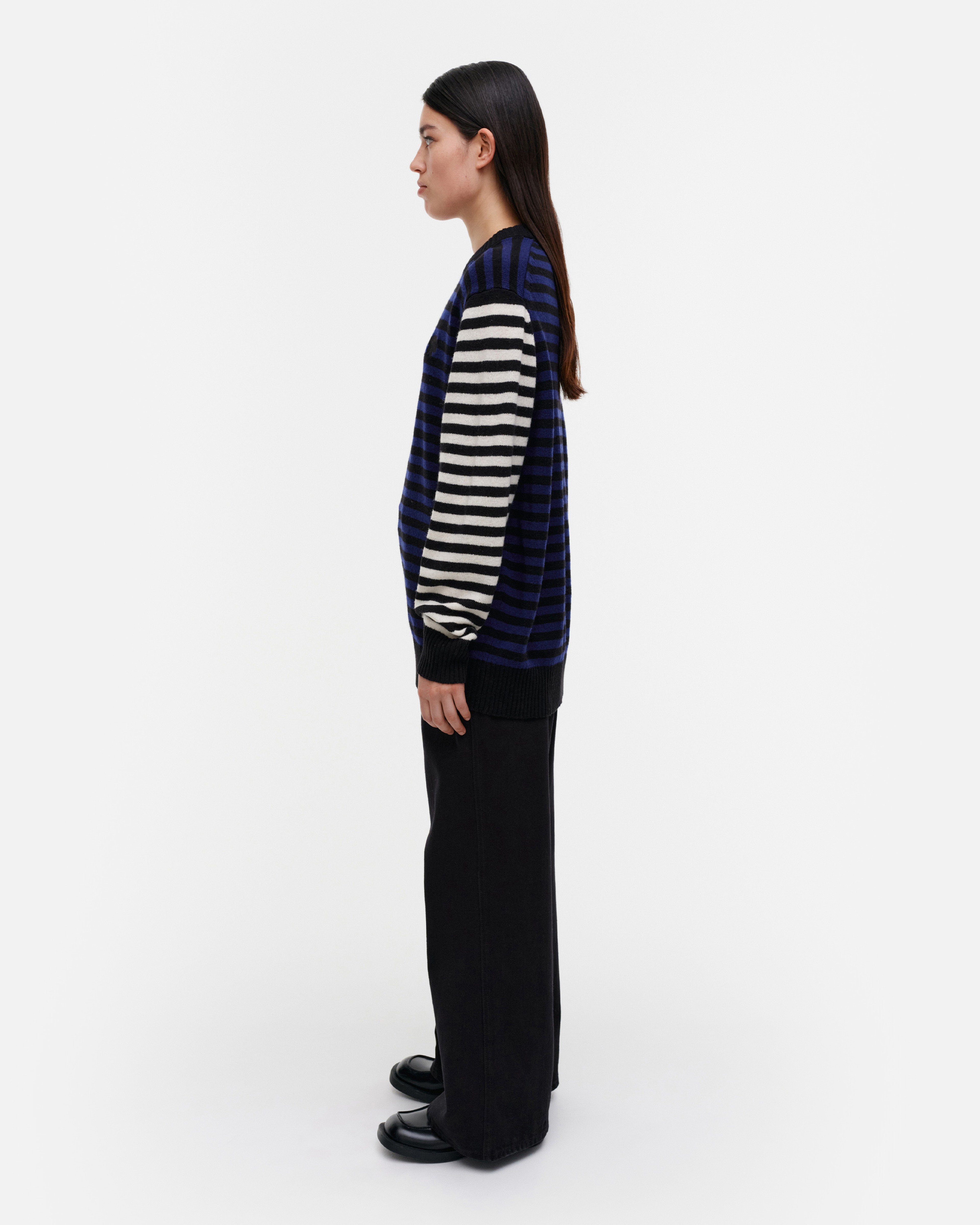 Pehmyt Tasaraita, Kioski wool jumper, black, blue, white,
