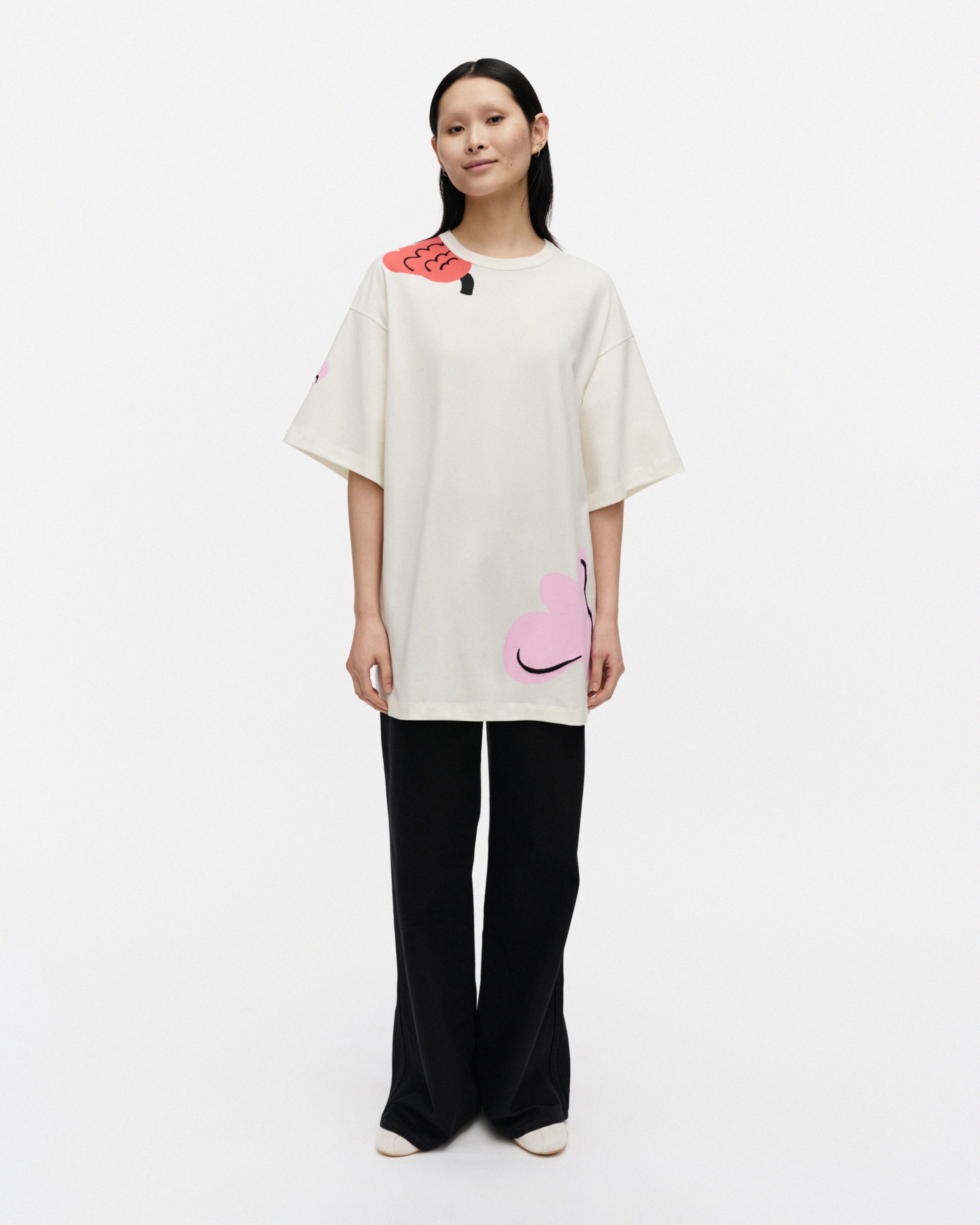 Puhua Kukasta Kukkaan Placement, T-shirt, white, light pink, red,