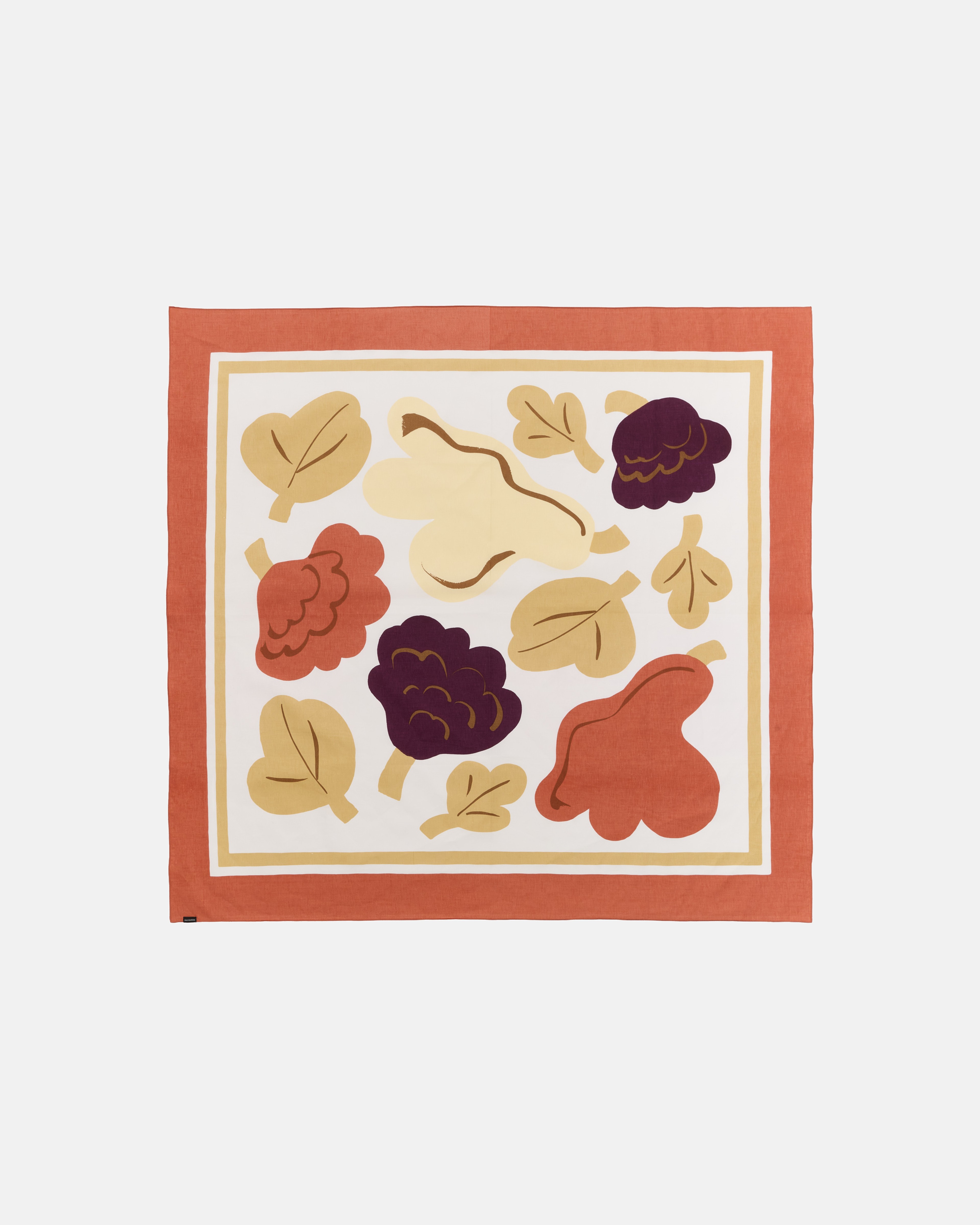 Kukasta kukkaan, Tablecloth 140x140 cm, white, terrac., ochre, plum,