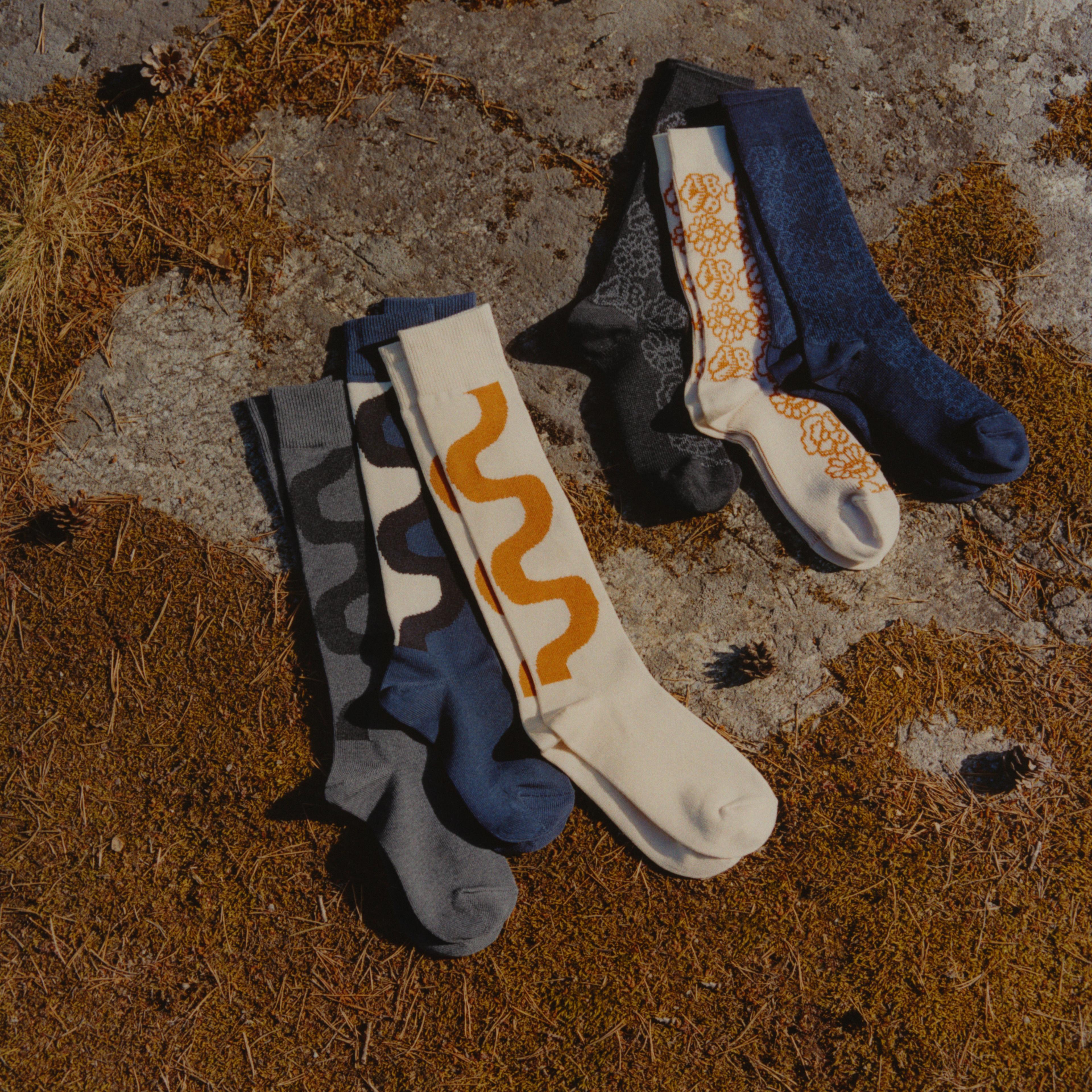 Socks in Seireeni and Kimalainen patterns from Uniqlo and Marimekko collaboration