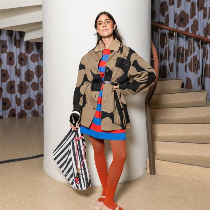 Vicky Montanari wearing Marimekko outfit with stripes and Unikko pattern