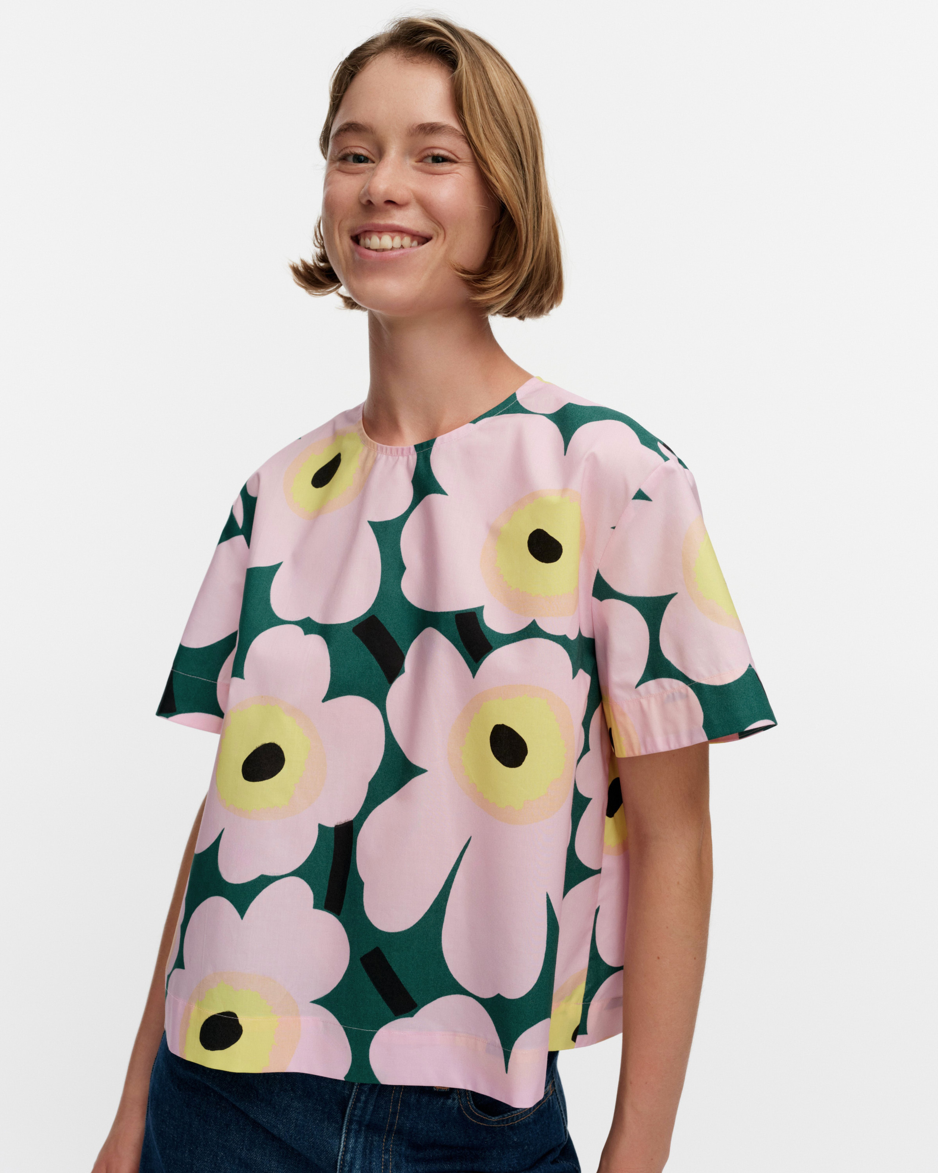 Huojunta Unikko, T-shirt, green, pink, yellow,