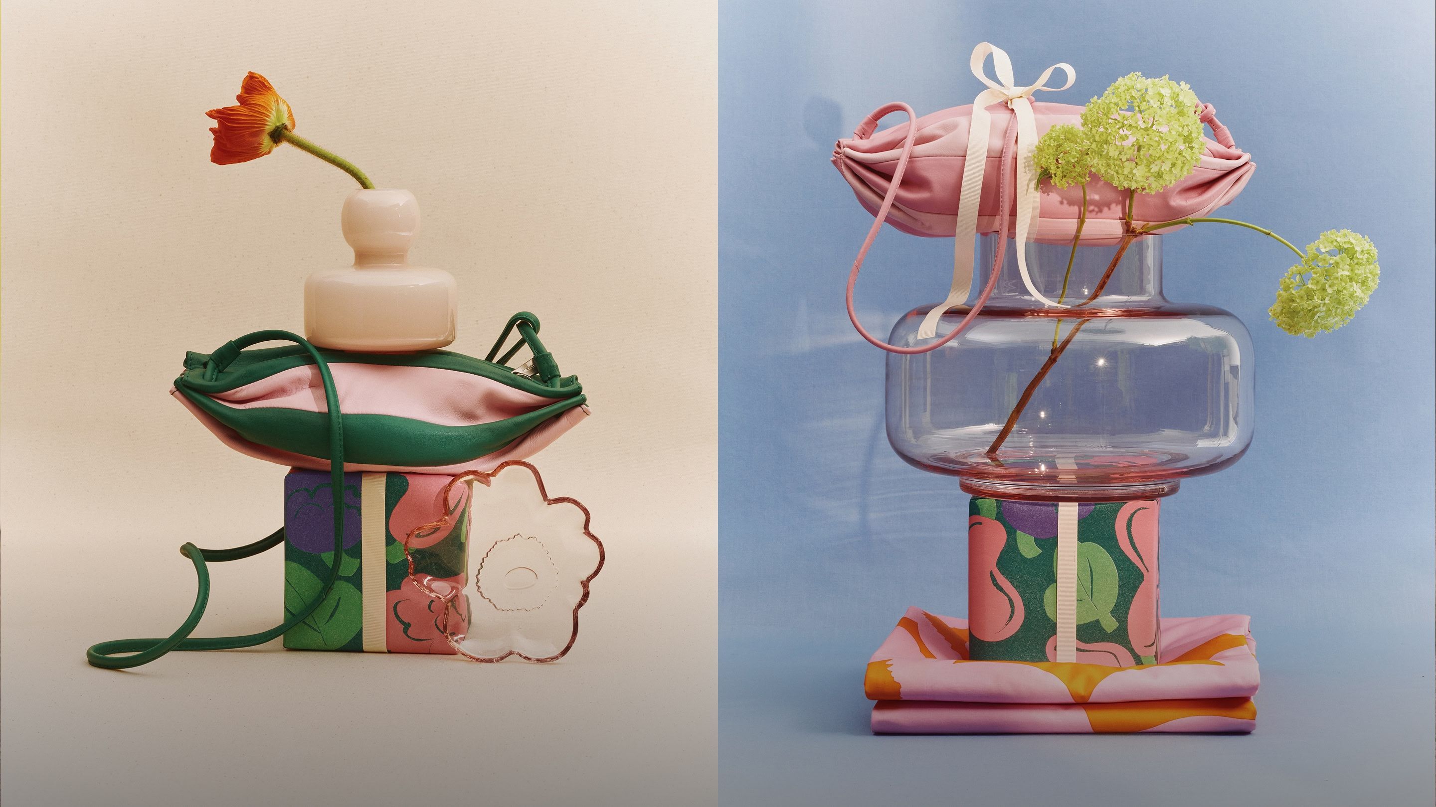 Two images: In the first, a beige background, in front of which are the Pikku Karla and Flower vase stacked on top of a gift, and the glass Unikko plate leaning against the package.  In the second picture, the Urna vase stacked on top of a gift and the Karla bag in front of a blue background.
