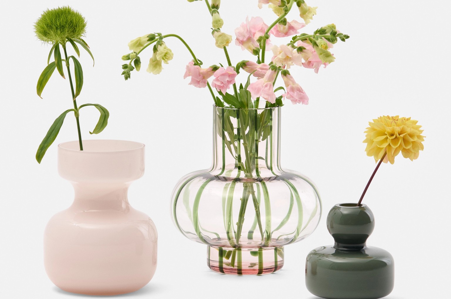 A collection of vases in different colors with flowers.