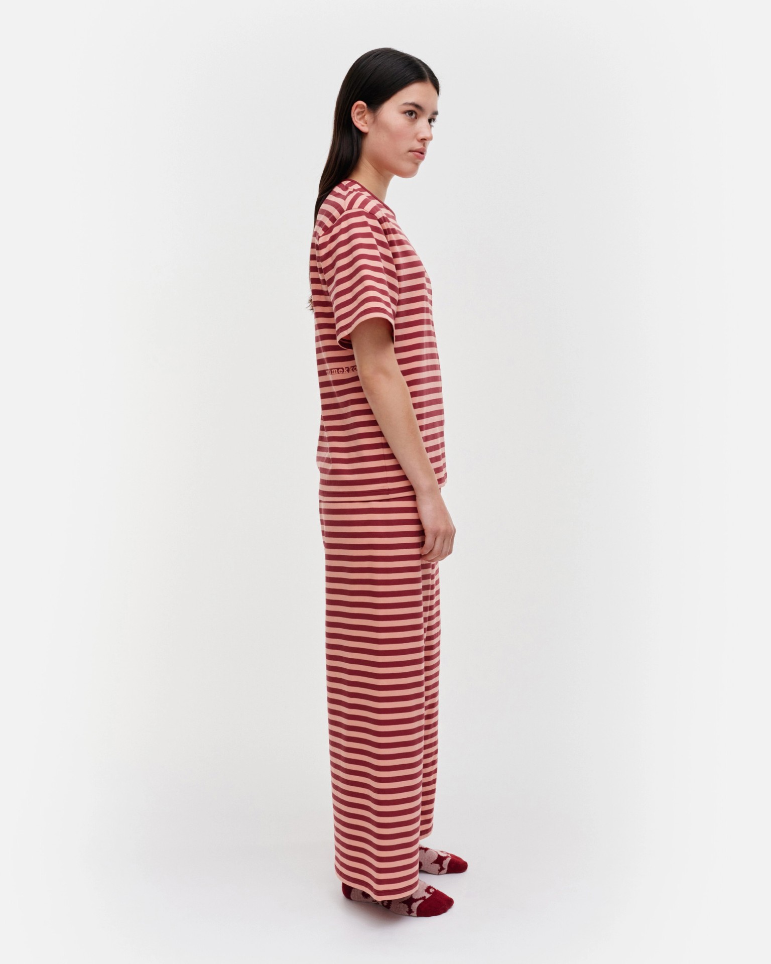 Kioski Raida Tasaraita Light, T-shirt, wine red, peach,