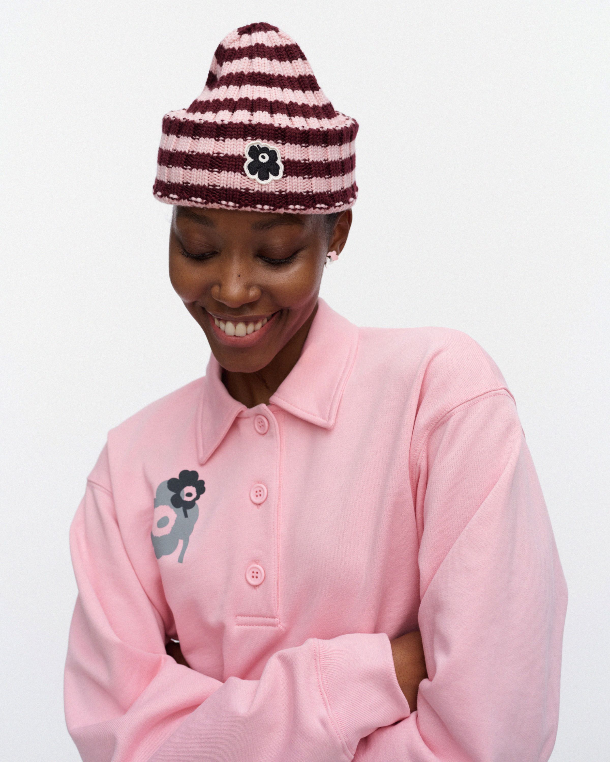 Improvisaatio Tasaraita Kioski beanie light pink, dark wine red