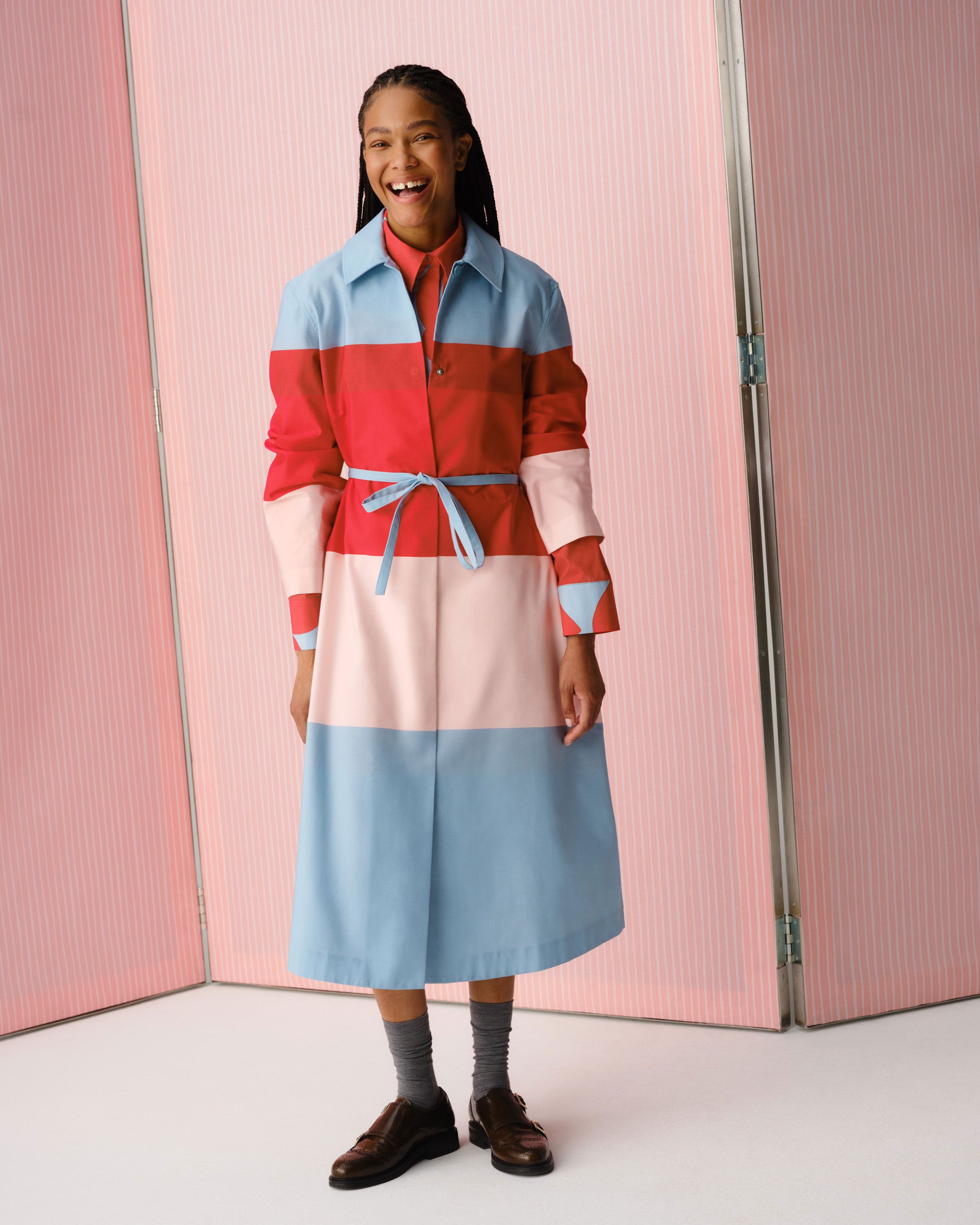 Model wearing Marimekko Luomus dress in Hennika print.