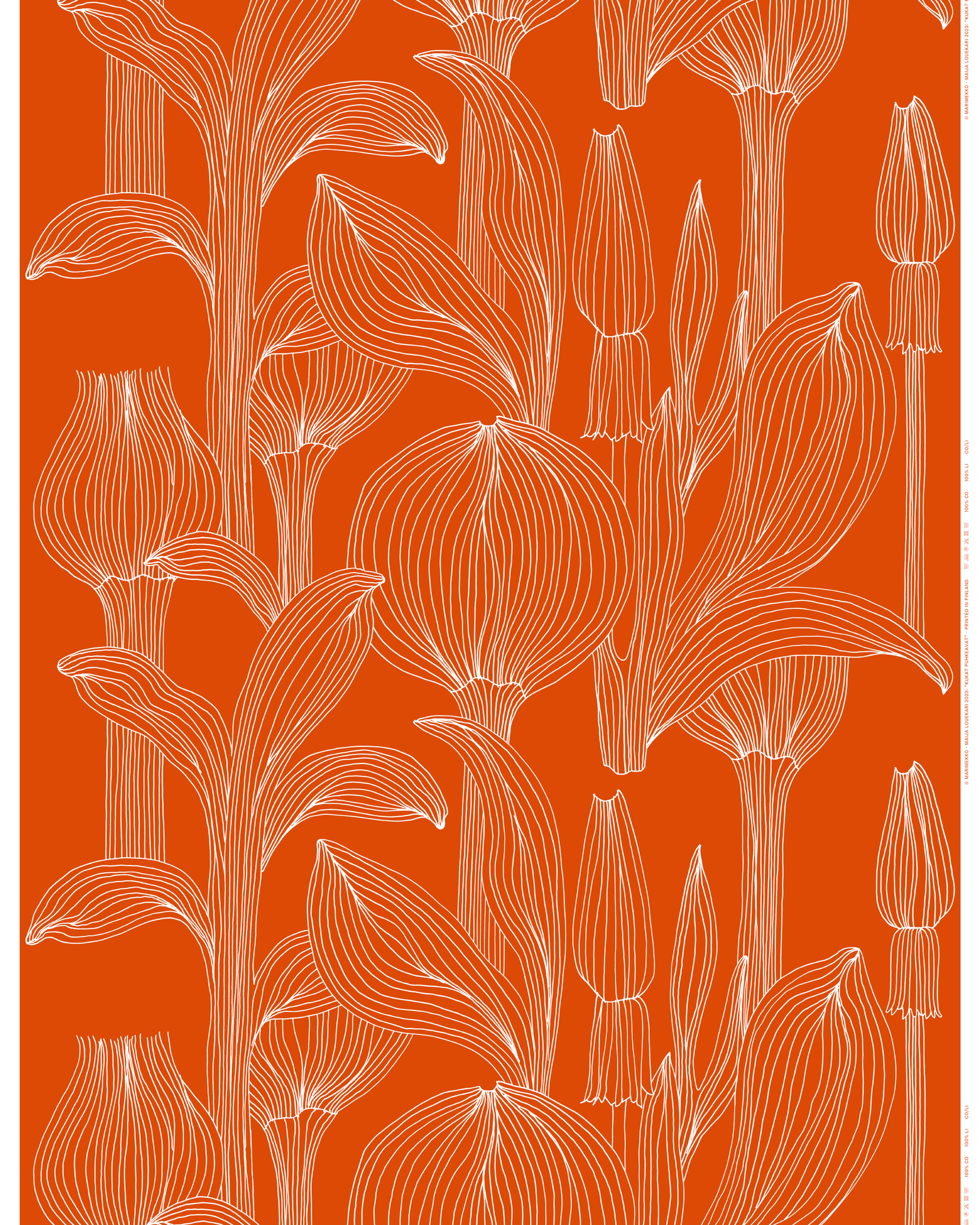 Kukat Puhkeavat, Cotton sateen fabric 10 m, tomato, white,