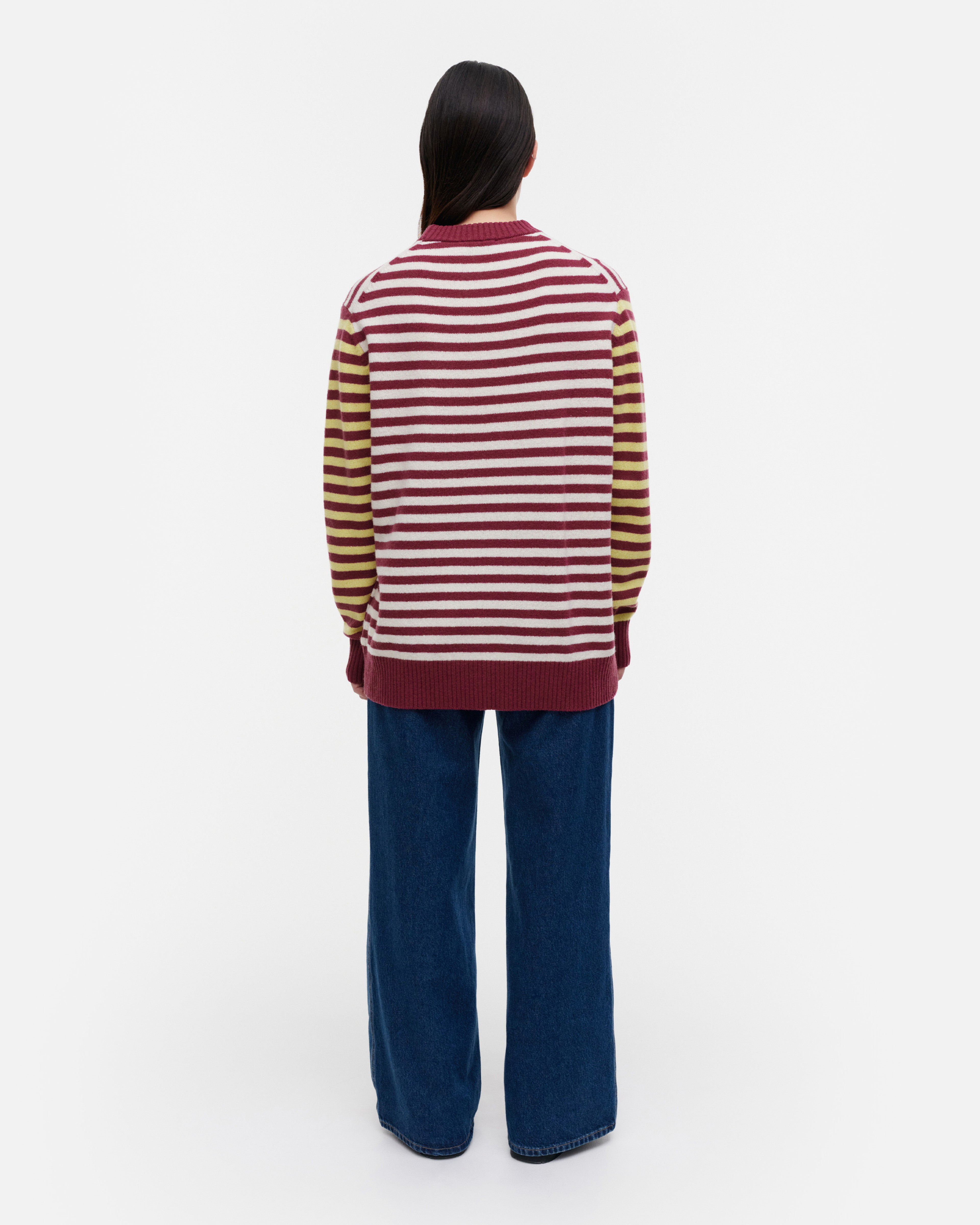 Pehmyt Tasaraita, Kioski wool jumper, wine red, white, yellow,