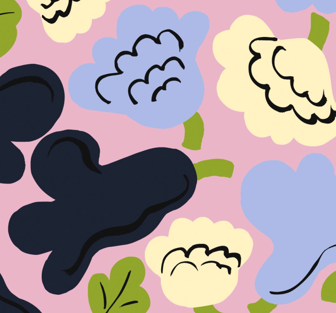 kukasta kukkaan floral pattern with navy, lavendar and buttercream yellow floral print with green stems on a soft pink background