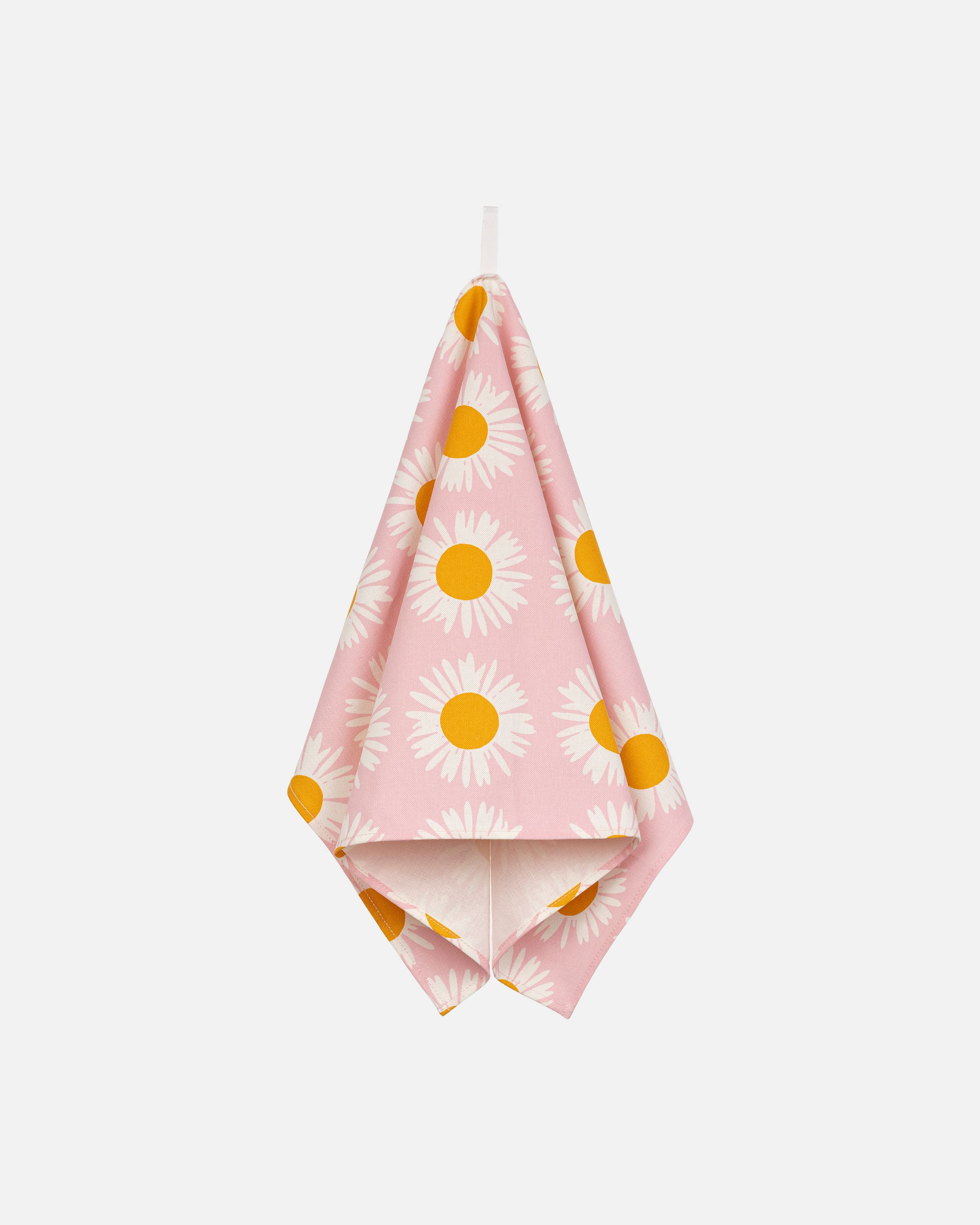Auringonkukka Kitchen towel pink, orange, white | Marimekko