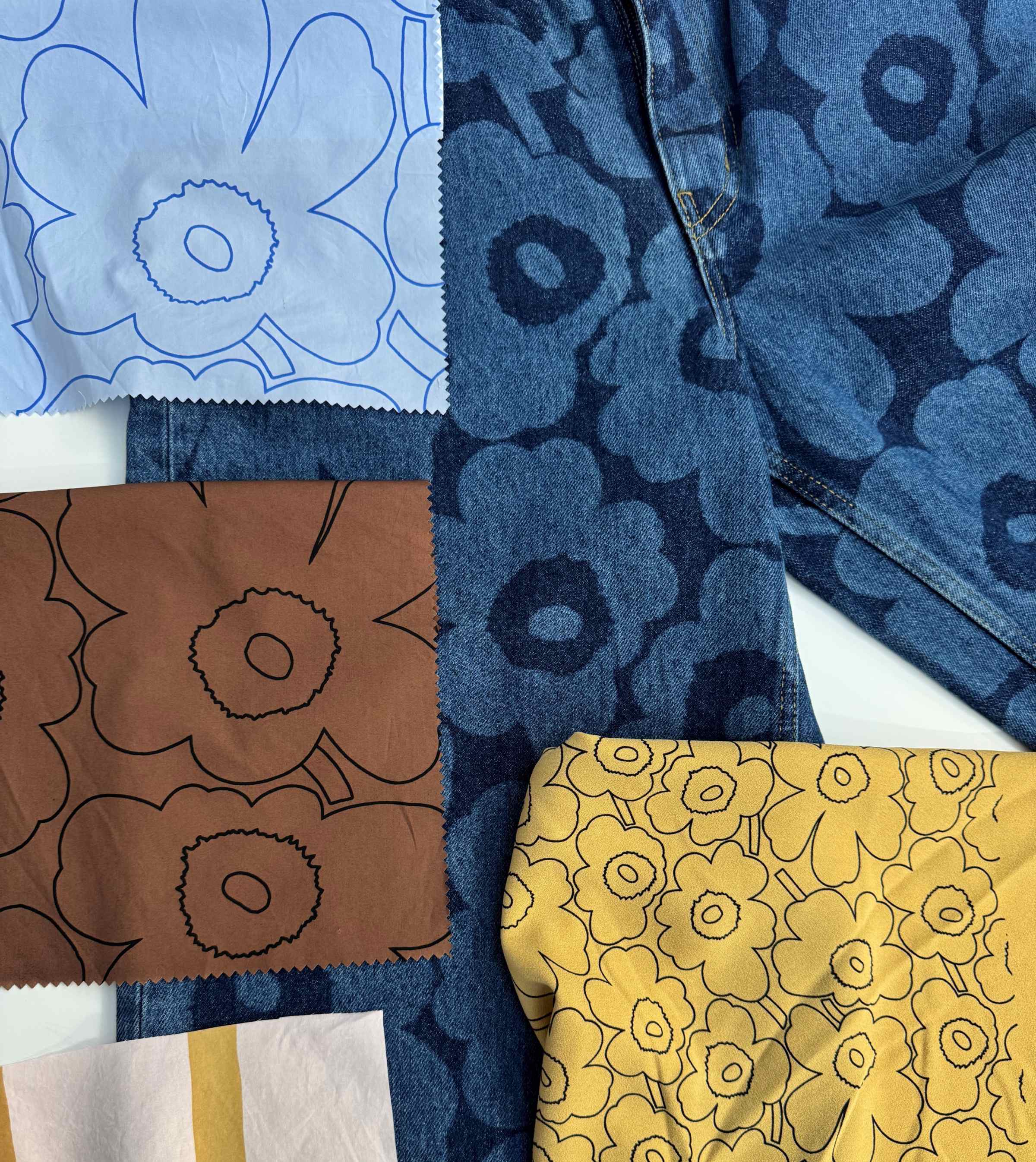 Unikko patterned fabric patches and Unikko patterned Maridenim jeans