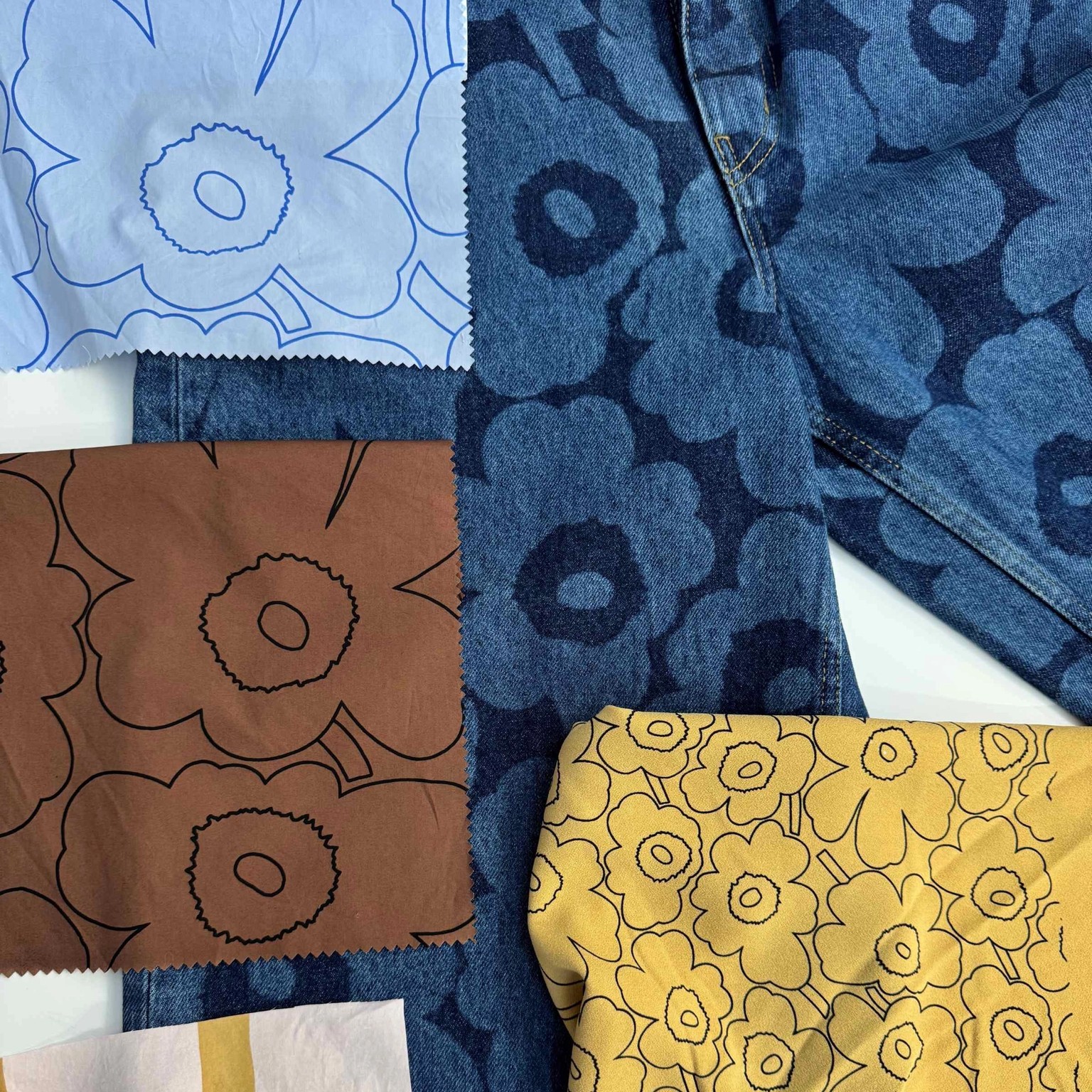 Unikko patterned fabric patches and Unikko patterned Maridenim jeans