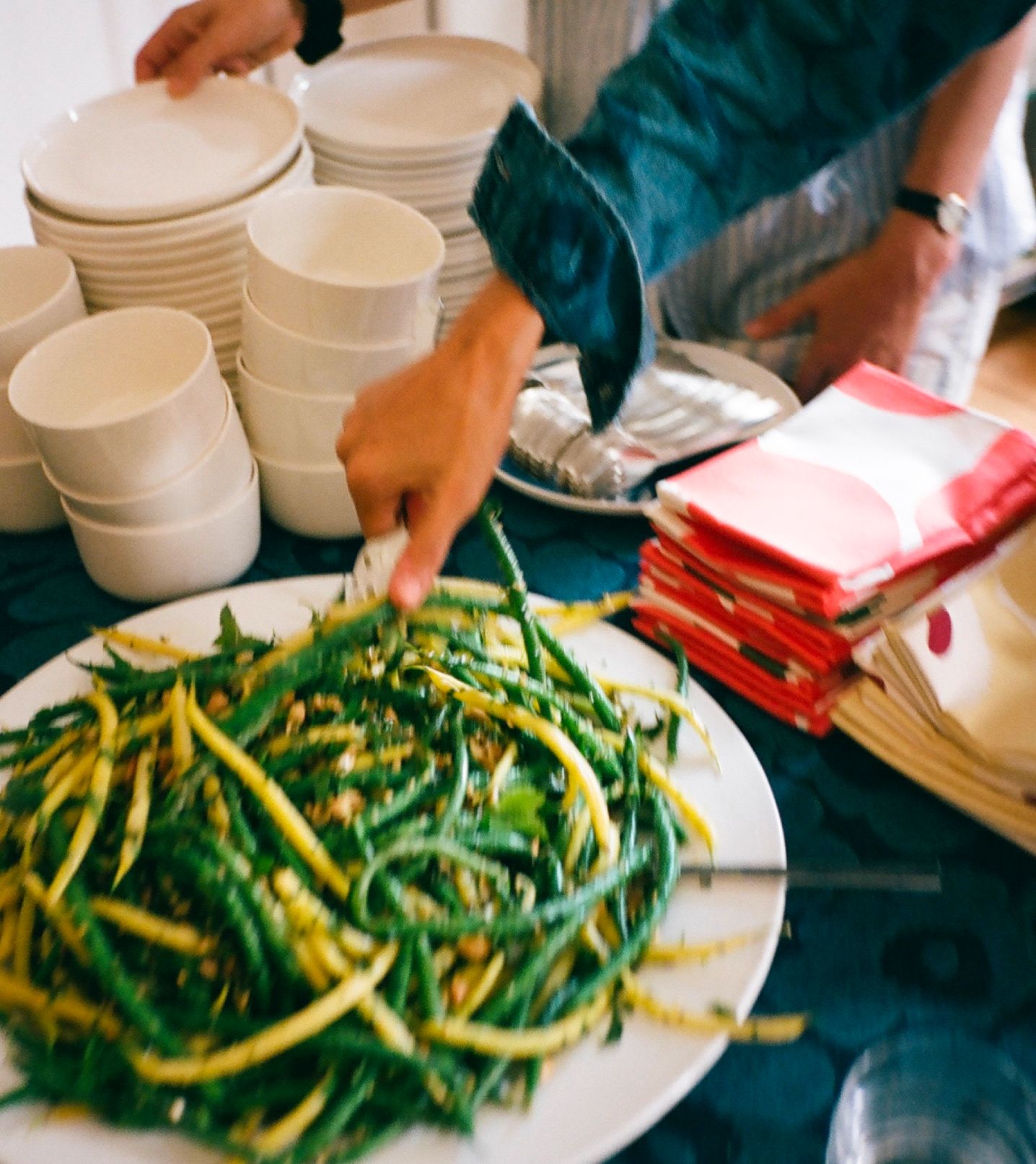 Fresh green beans served at the lunch table
