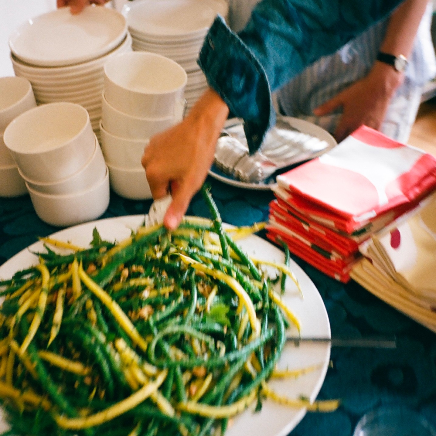 Fresh green beans served at the lunch table