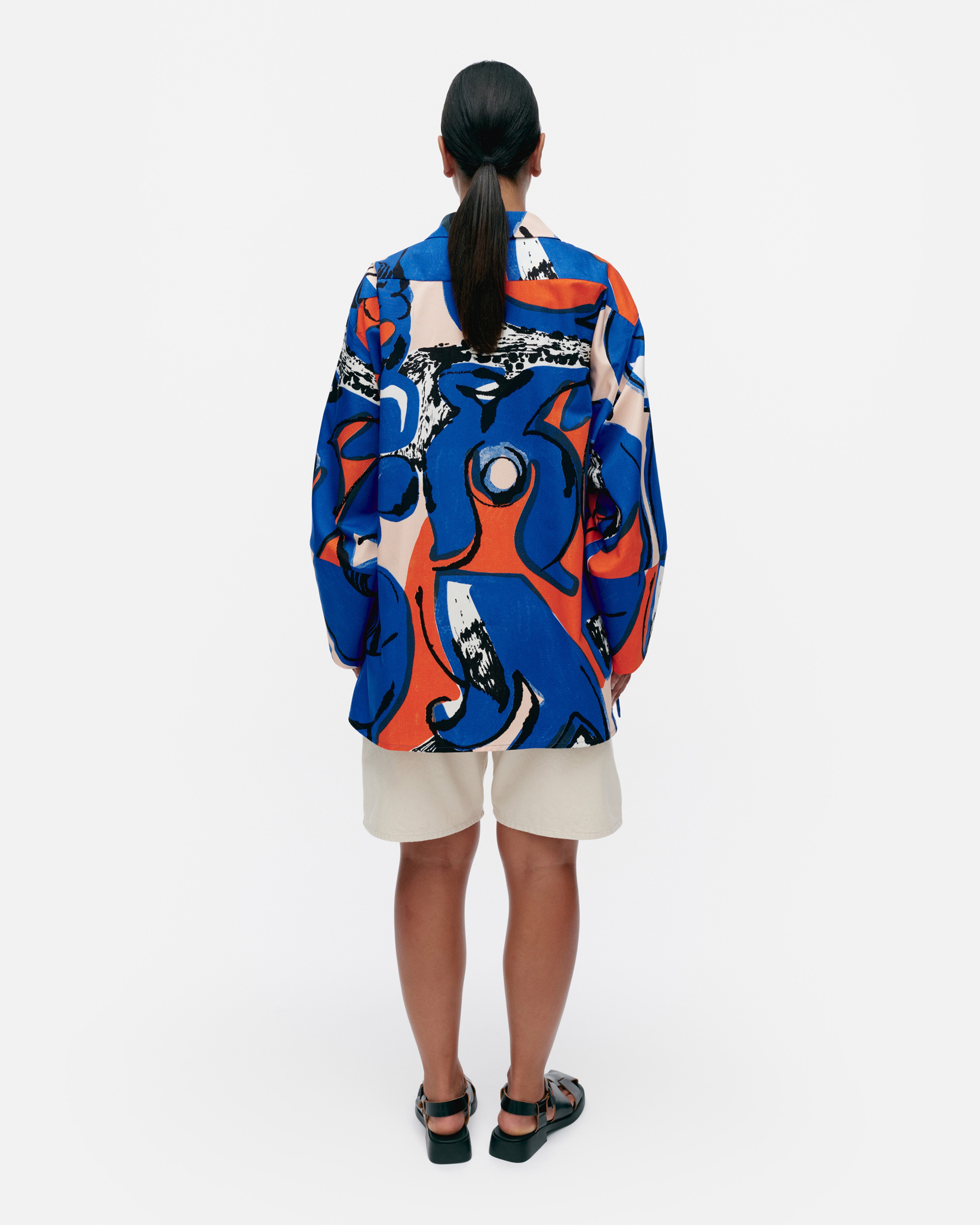 Kukkavera Eldfamn, Cotton shirt, blue, peach, orange,