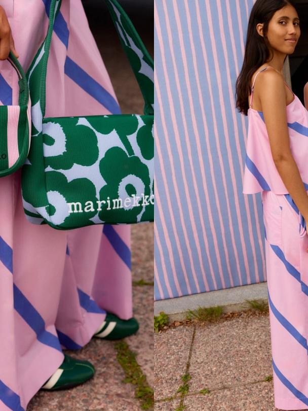 Models holding a selection of knitted bags in various color combinations.